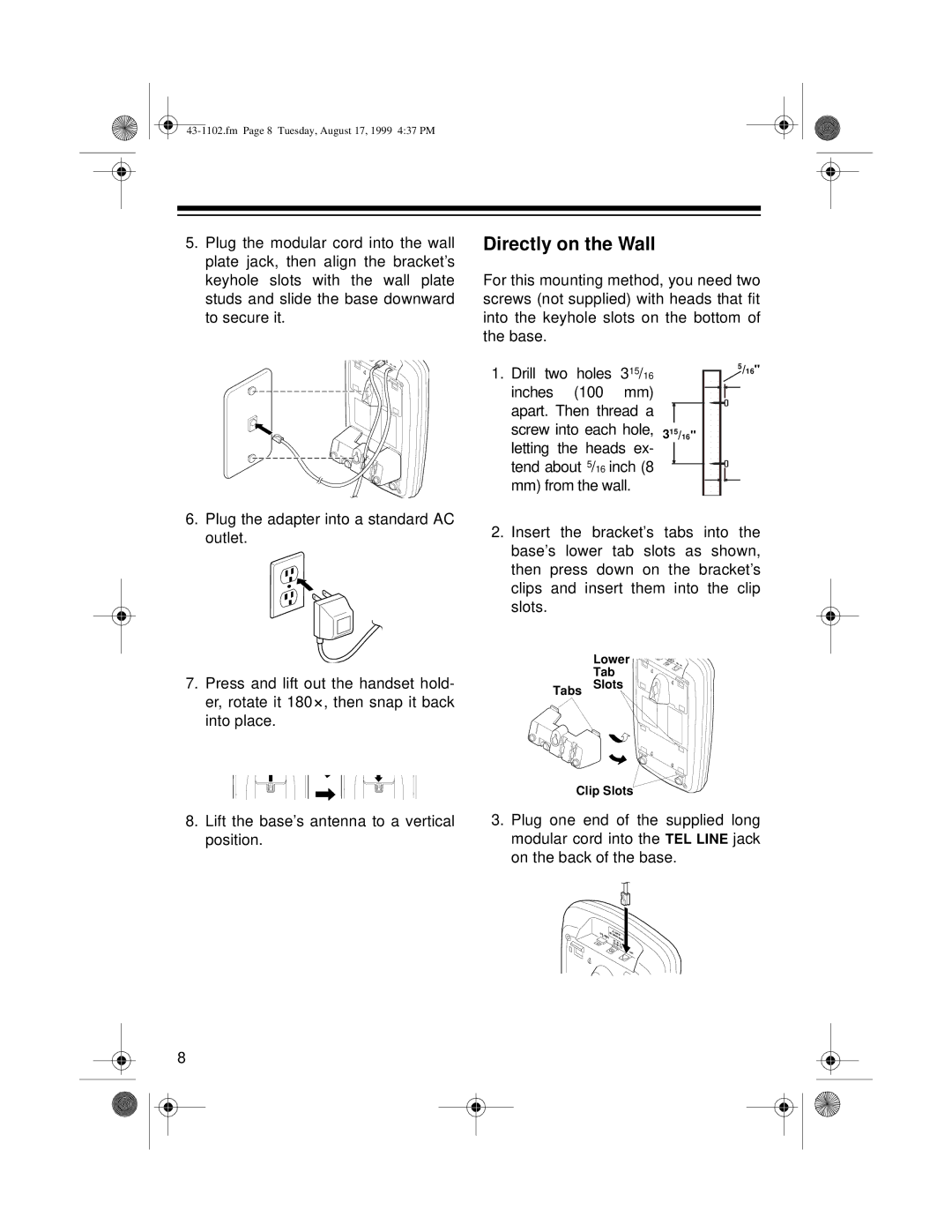 Radio Shack ET-1102 owner manual Directly on the Wall 