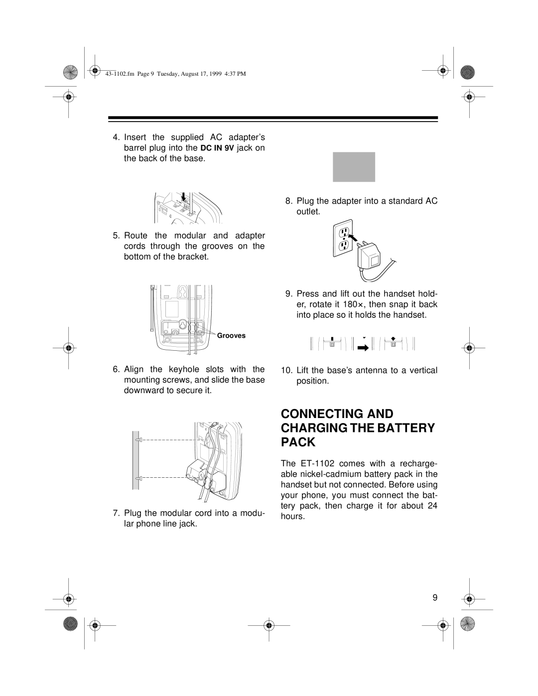 Radio Shack ET-1102 owner manual Connecting and Charging the Battery Pack 