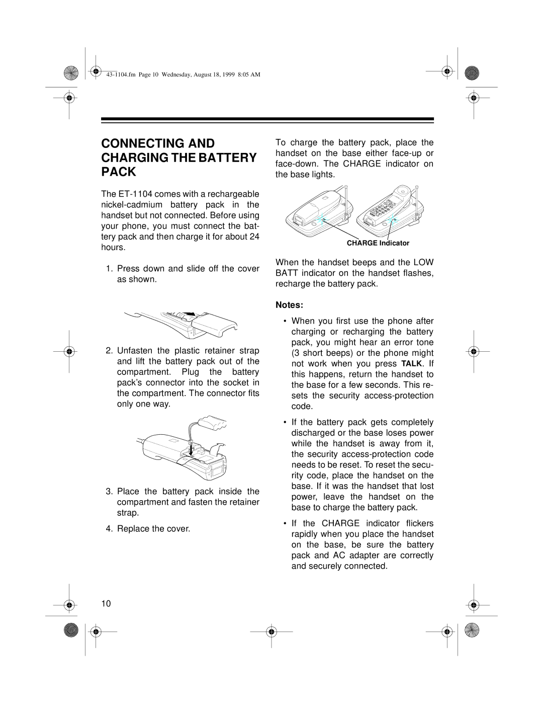 Radio Shack ET-1104 owner manual Connecting and Charging the Battery Pack 