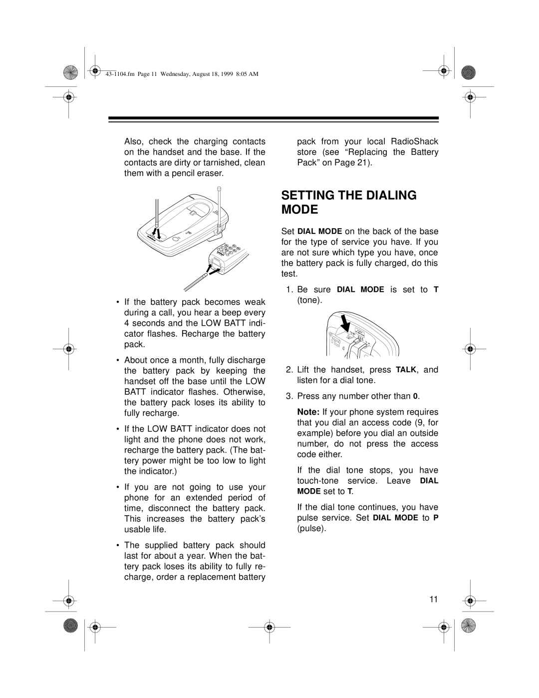 Radio Shack ET-1104 owner manual Setting the Dialing Mode 