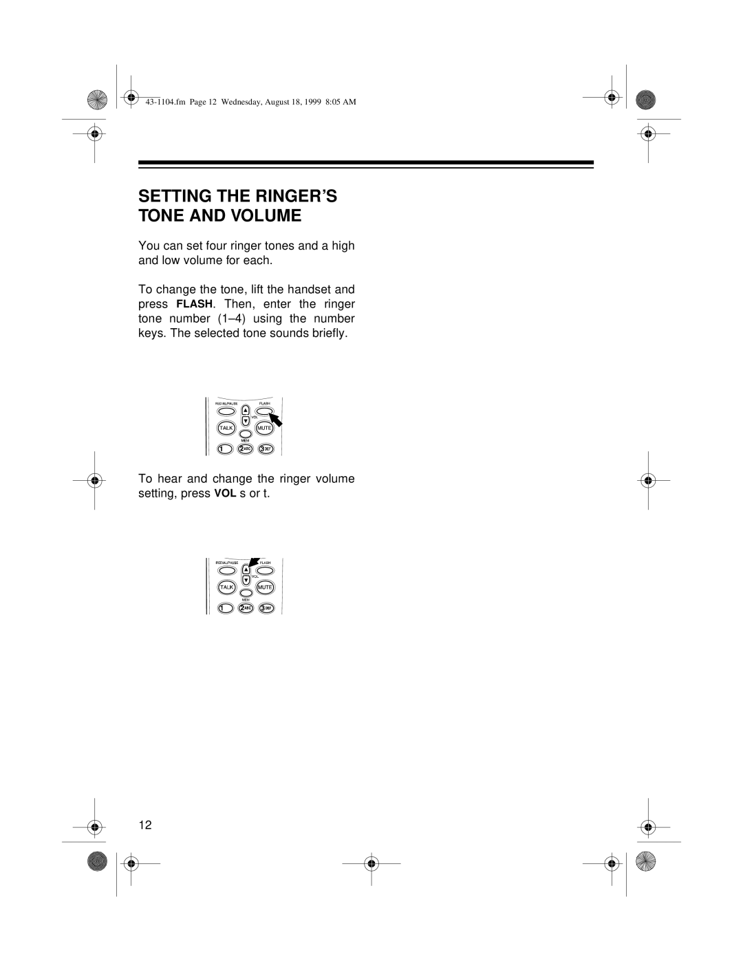 Radio Shack ET-1104 owner manual Setting the RINGER’S Tone and Volume 