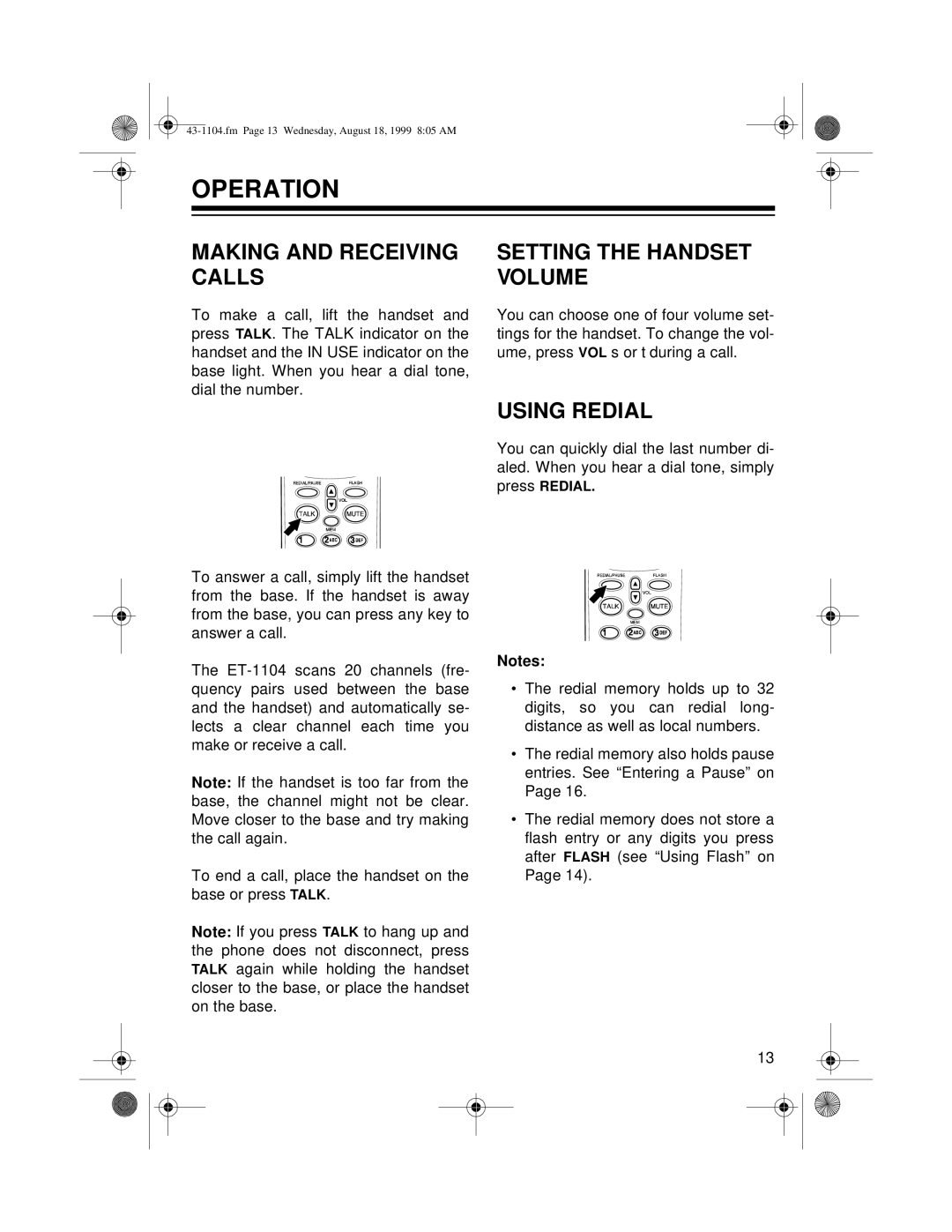 Radio Shack ET-1104 owner manual Operation, Making and Receiving Calls, Setting the Handset Volume, Using Redial 