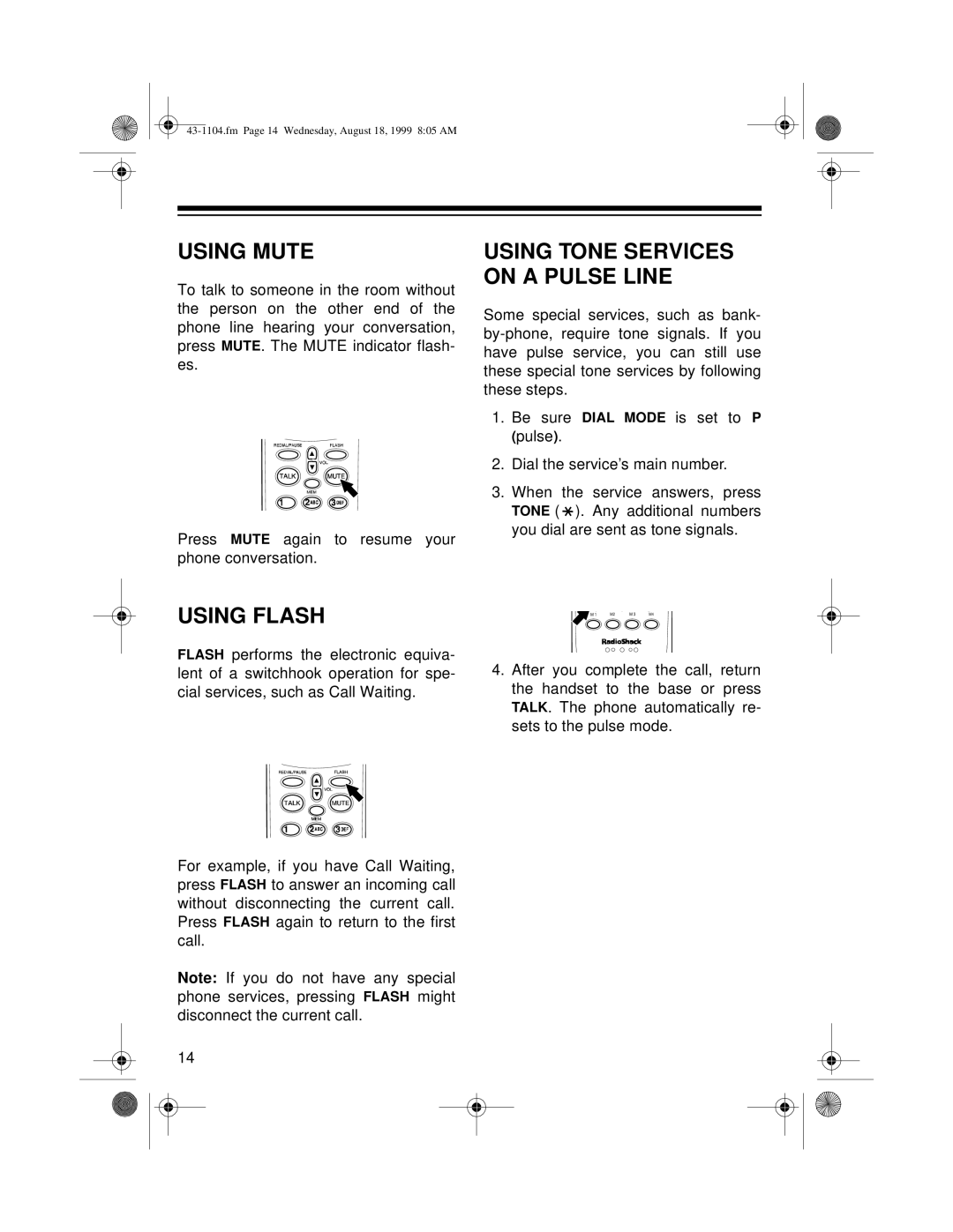 Radio Shack ET-1104 owner manual Using Mute, Using Flash 