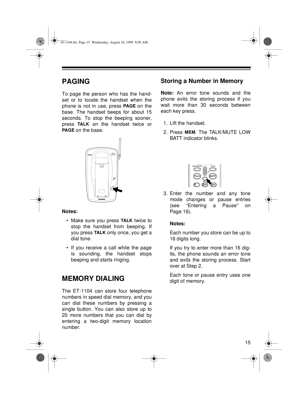 Radio Shack ET-1104 owner manual Paging, Memory Dialing, Storing a Number in Memory 