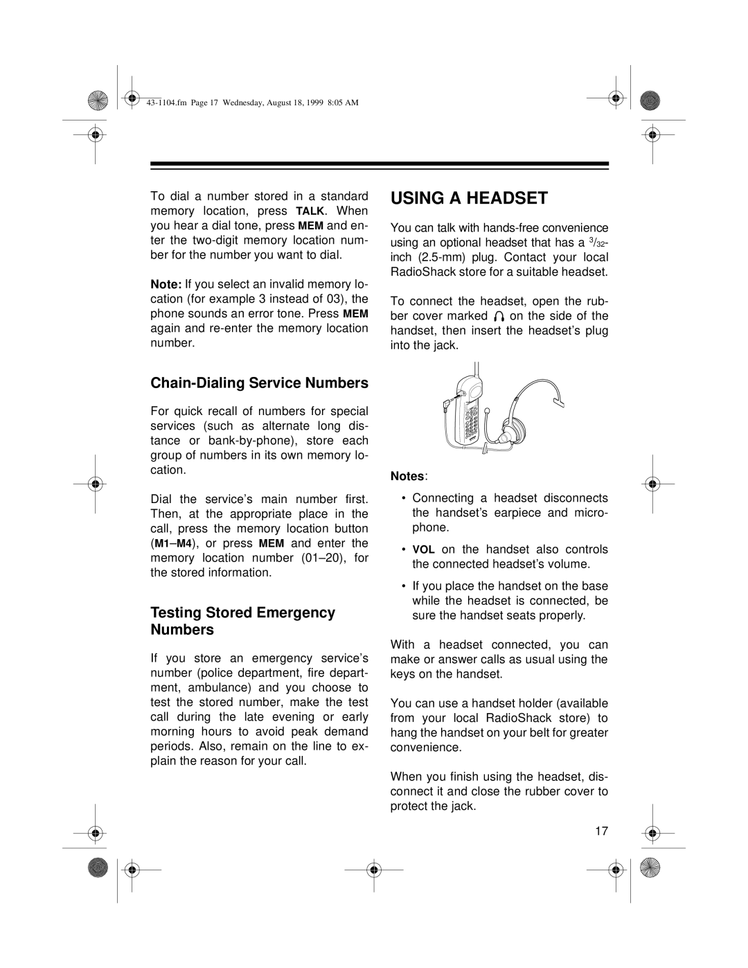 Radio Shack ET-1104 owner manual Using a Headset, Chain-Dialing Service Numbers, Testing Stored Emergency Numbers 