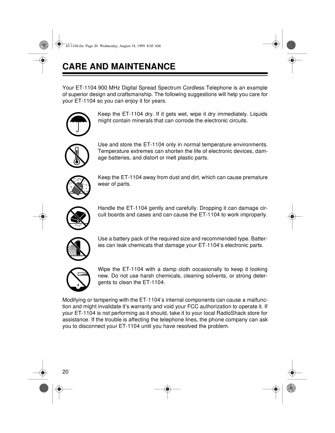 Radio Shack ET-1104 owner manual Care and Maintenance 