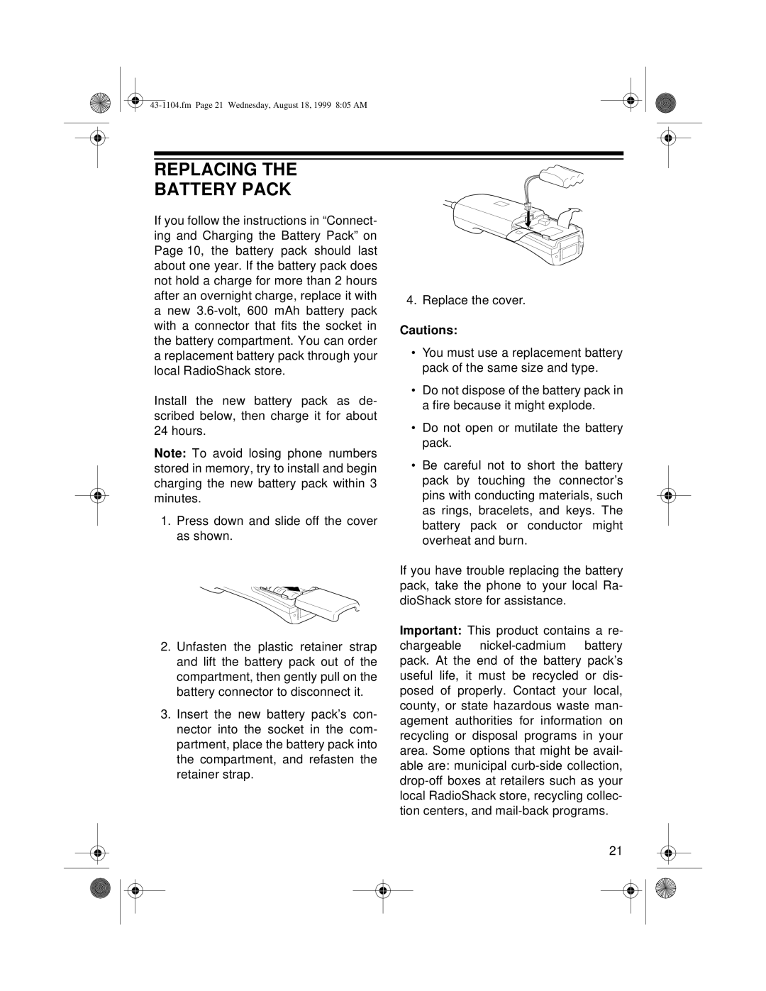 Radio Shack ET-1104 owner manual Replacing Battery Pack 