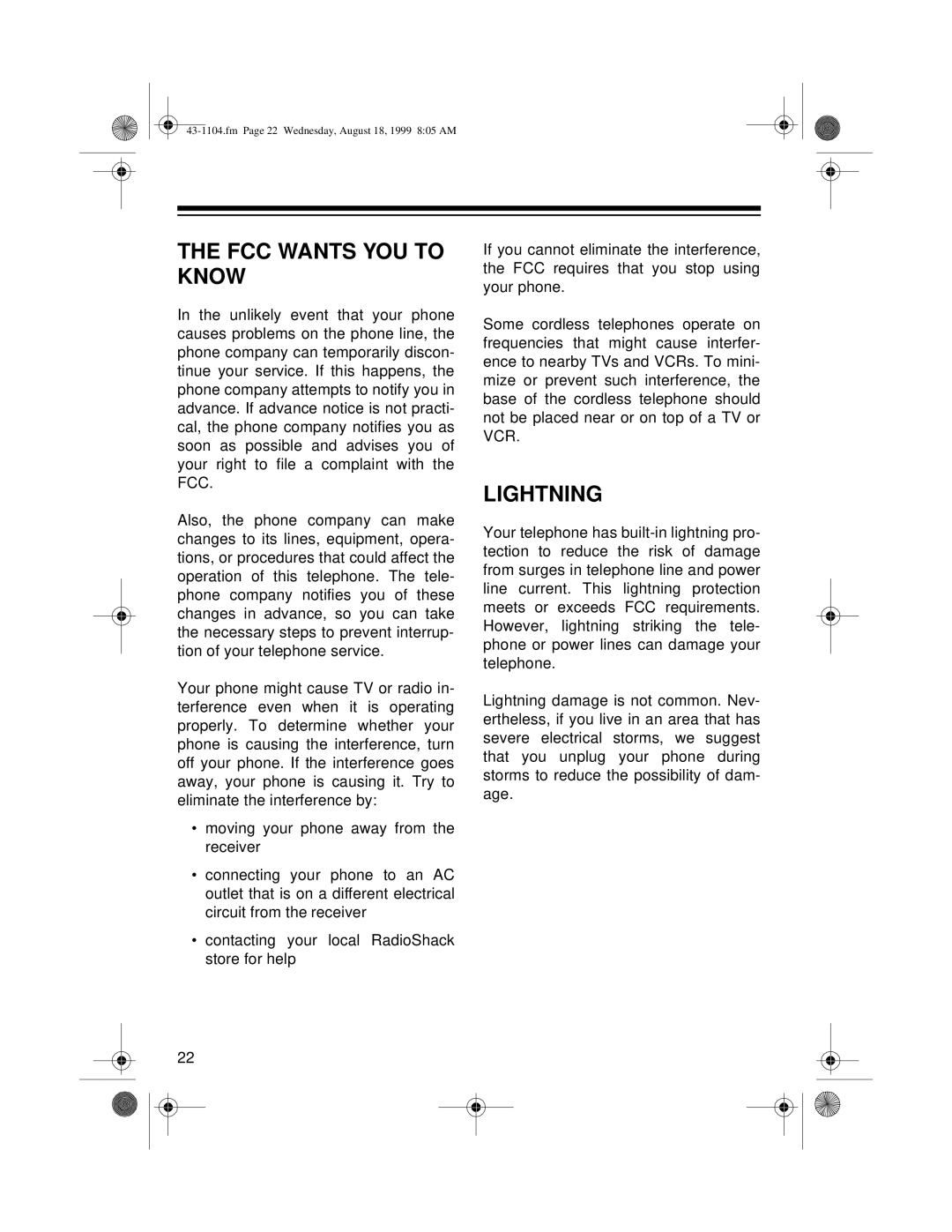 Radio Shack ET-1104 owner manual FCC Wants YOU to Know, Lightning 