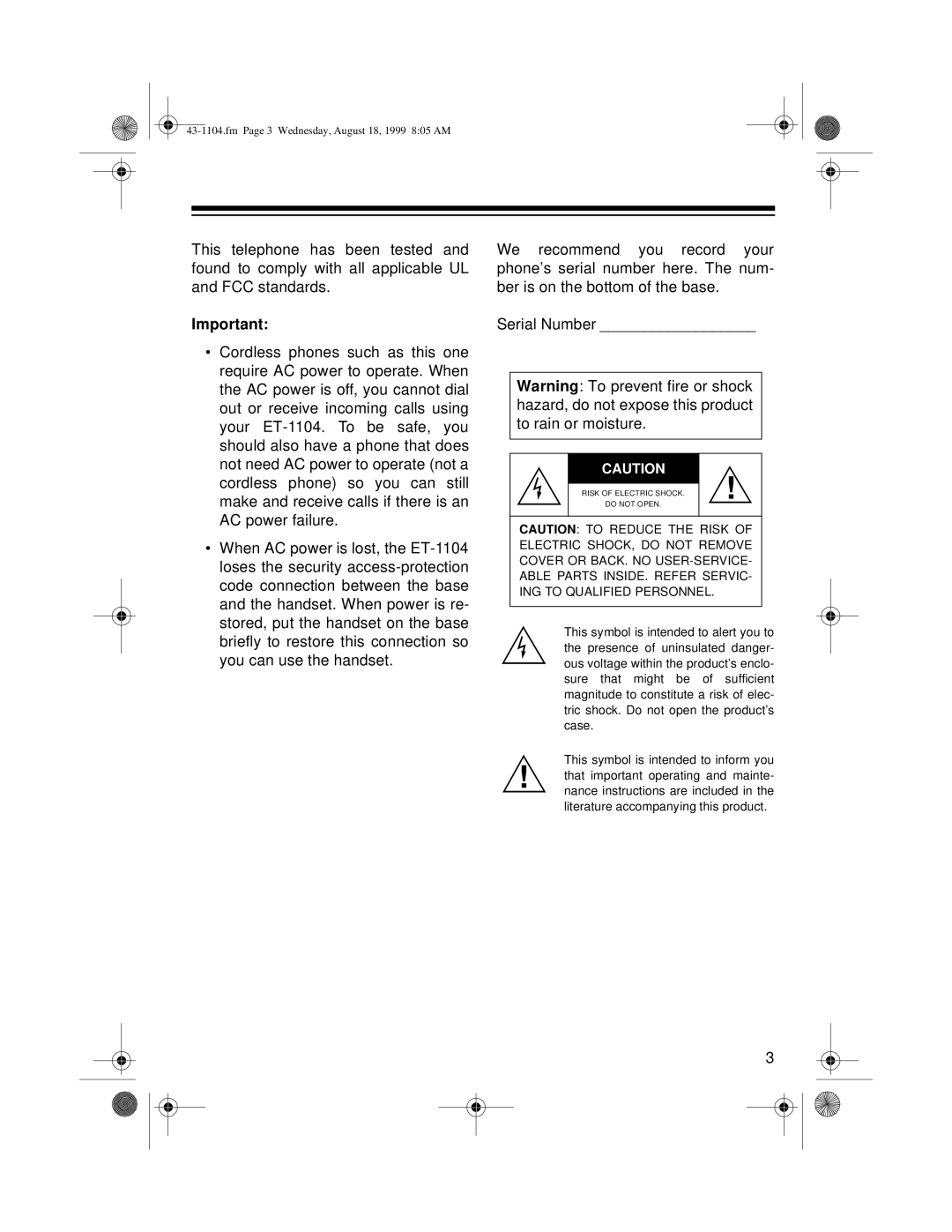 Radio Shack ET-1104 owner manual Fm Page 3 Wednesday, August 18, 1999 805 AM 