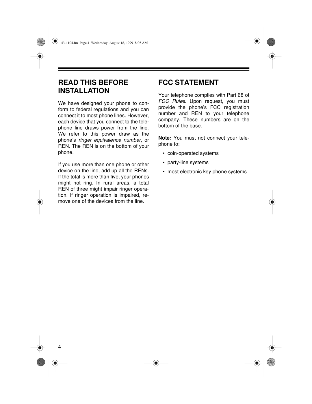 Radio Shack ET-1104 owner manual Read this Before Installation, FCC Statement 