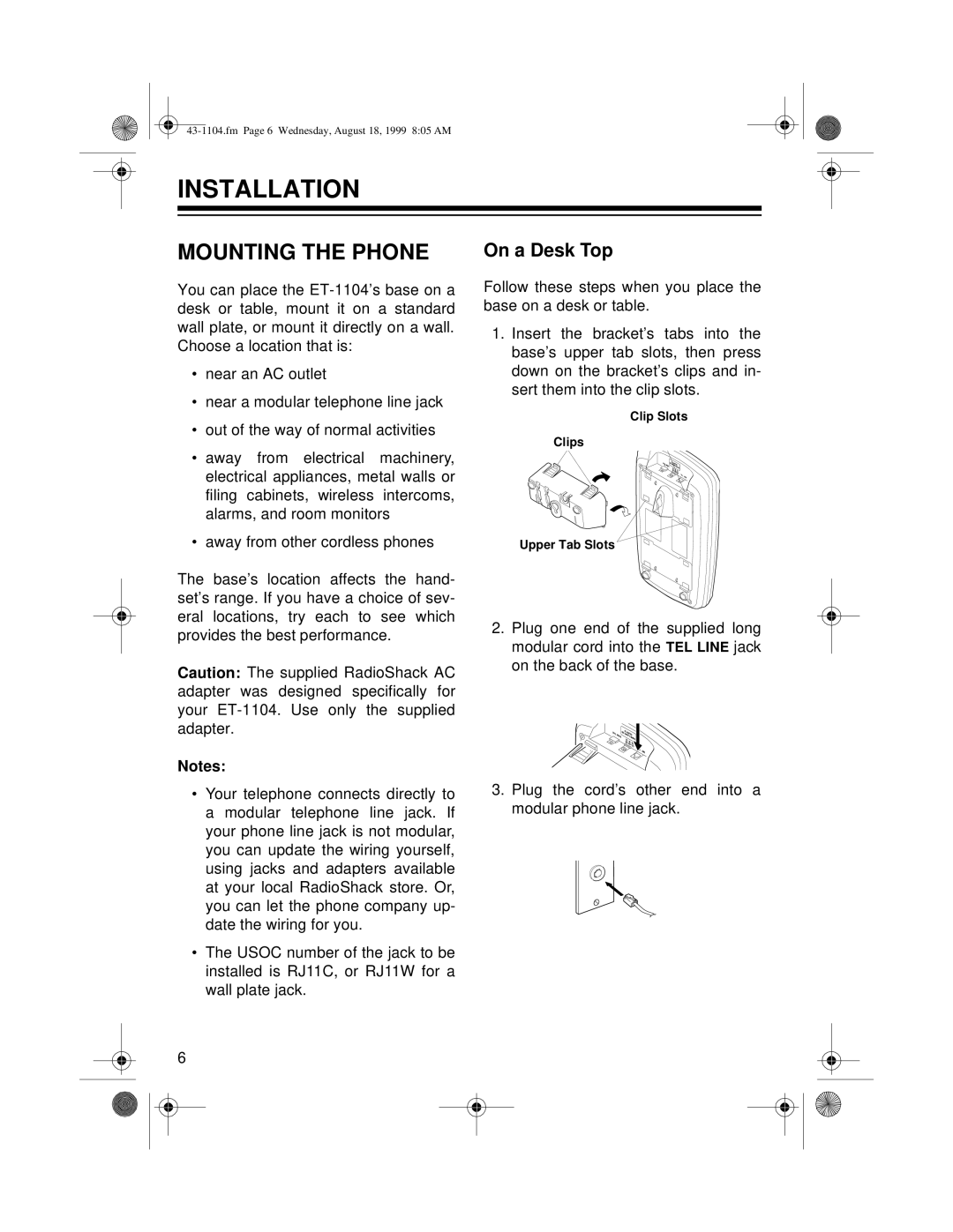 Radio Shack ET-1104 owner manual Installation, Mounting the Phone, On a Desk Top 