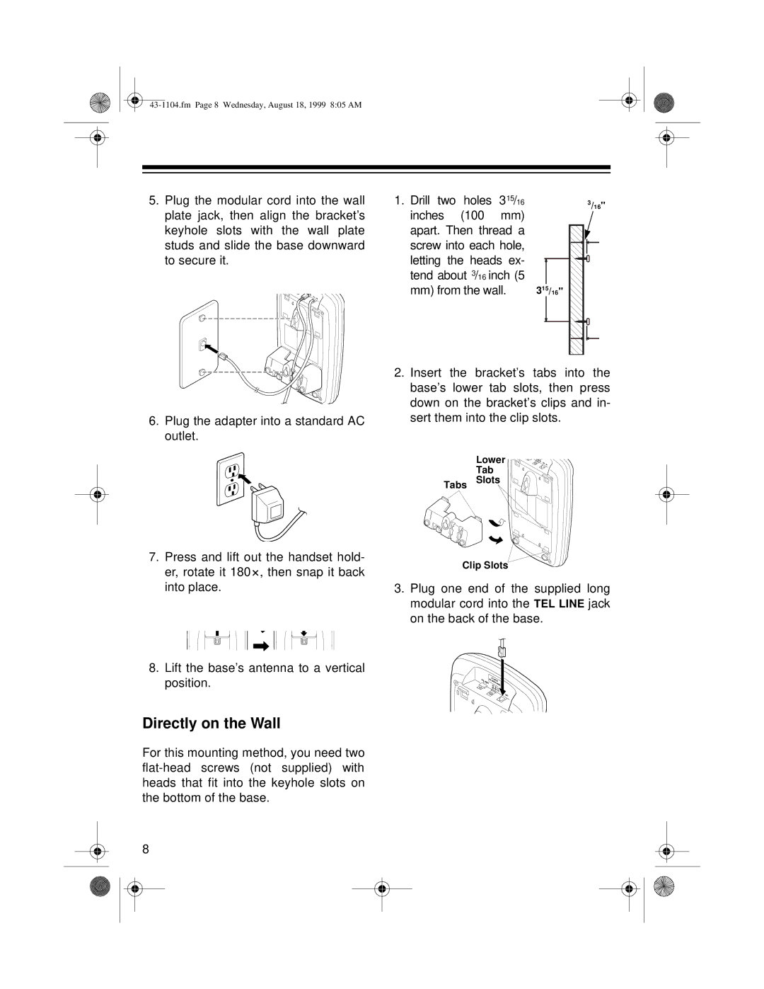 Radio Shack ET-1104 owner manual Directly on the Wall 