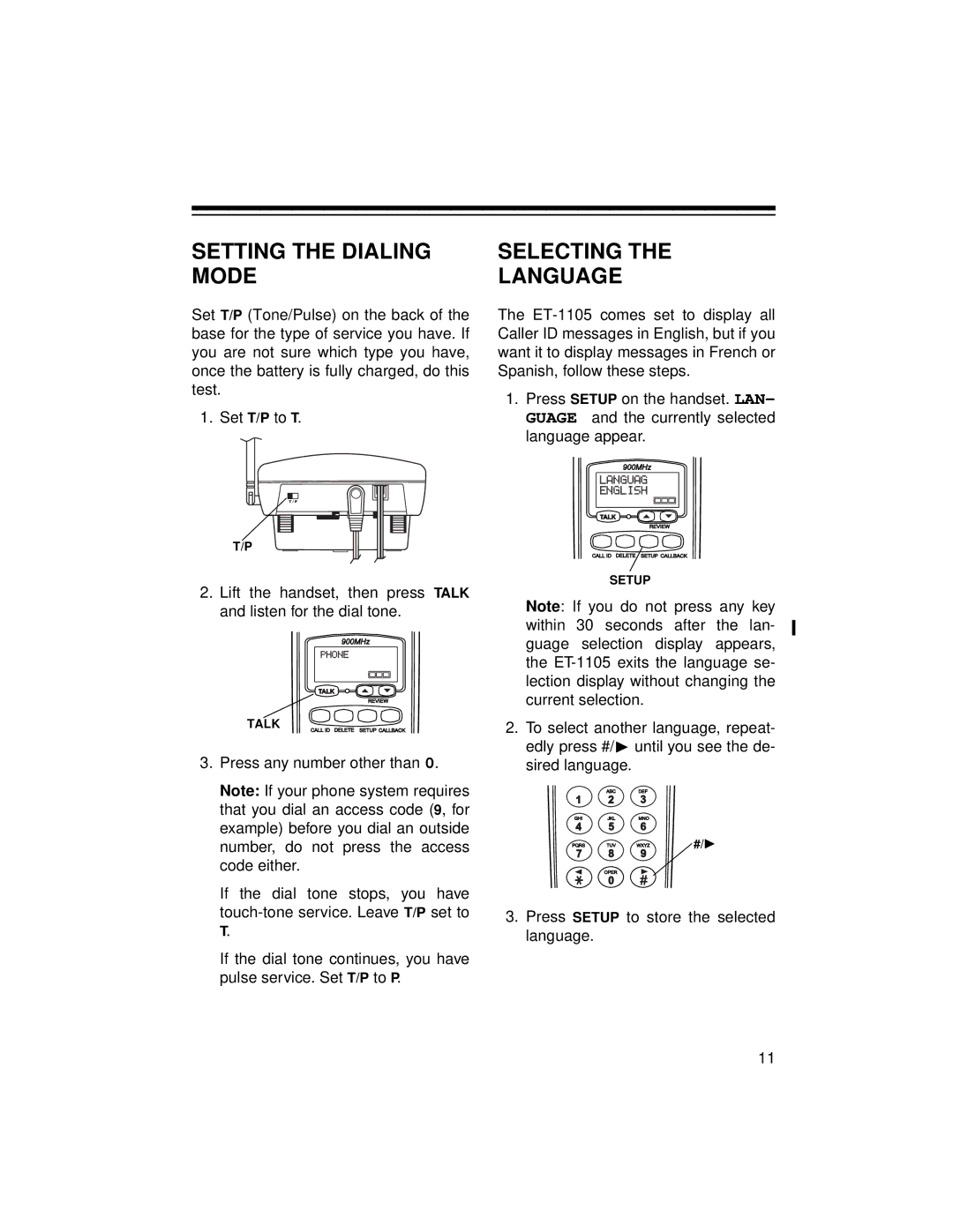 Radio Shack ET-1105 owner manual Setting the Dialing Mode, Selecting Language 