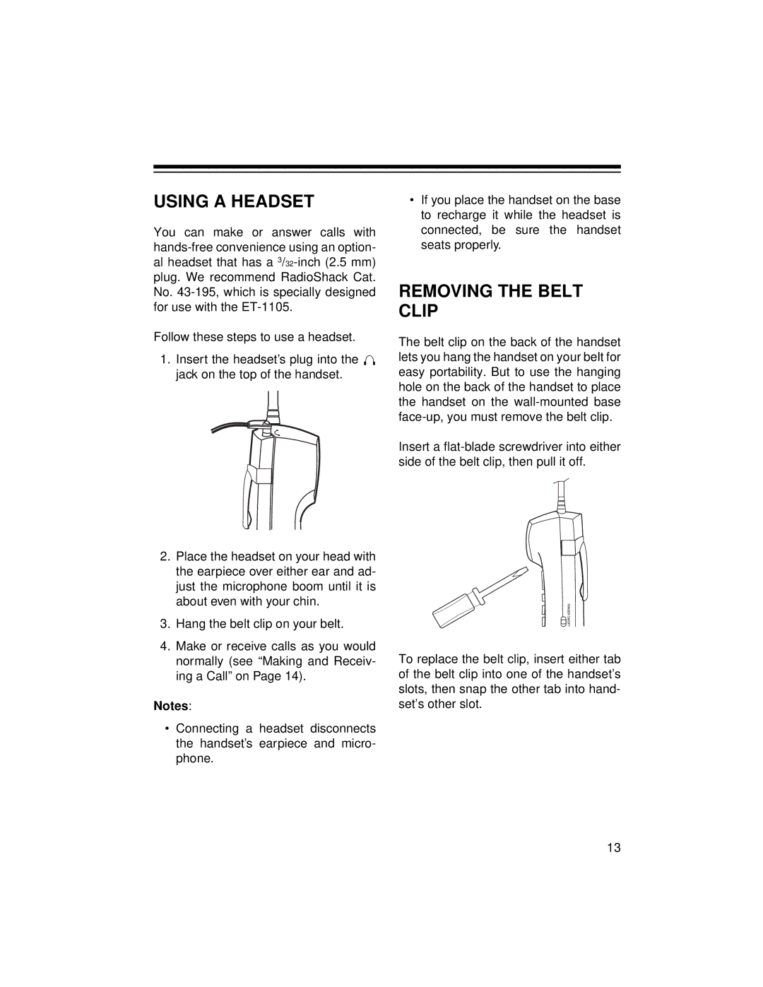 Radio Shack ET-1105 owner manual Using a Headset, Removing the Belt Clip 