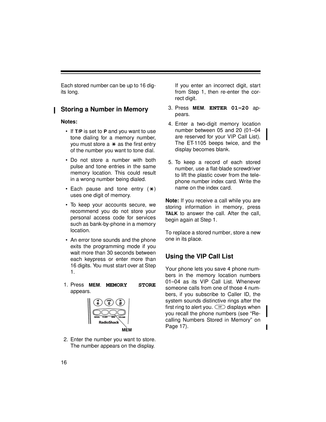 Radio Shack ET-1105 owner manual Storing a Number in Memory, Using the VIP Call List 