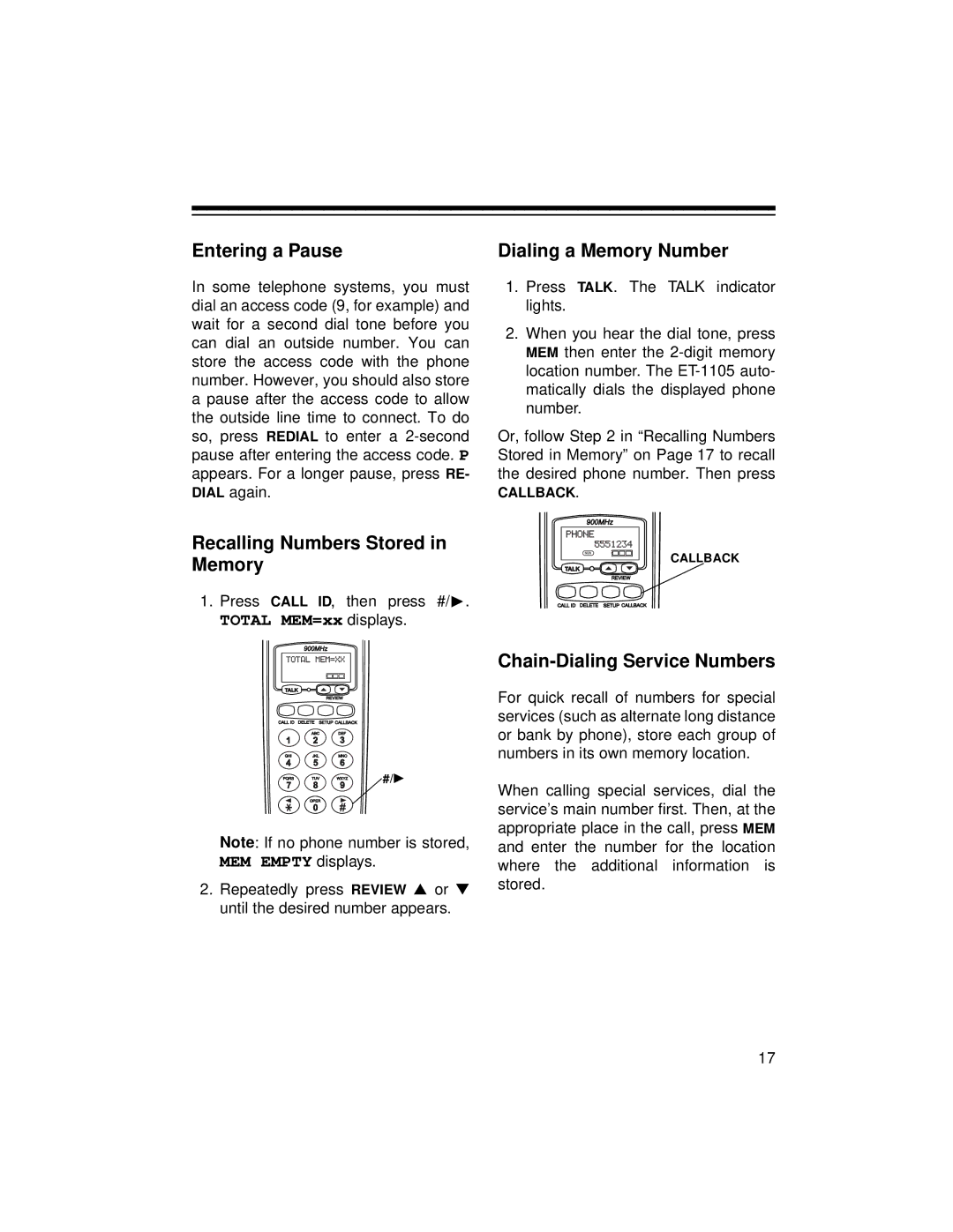 Radio Shack ET-1105 owner manual Entering a Pause, Recalling Numbers Stored in Memory, Dialing a Memory Number 