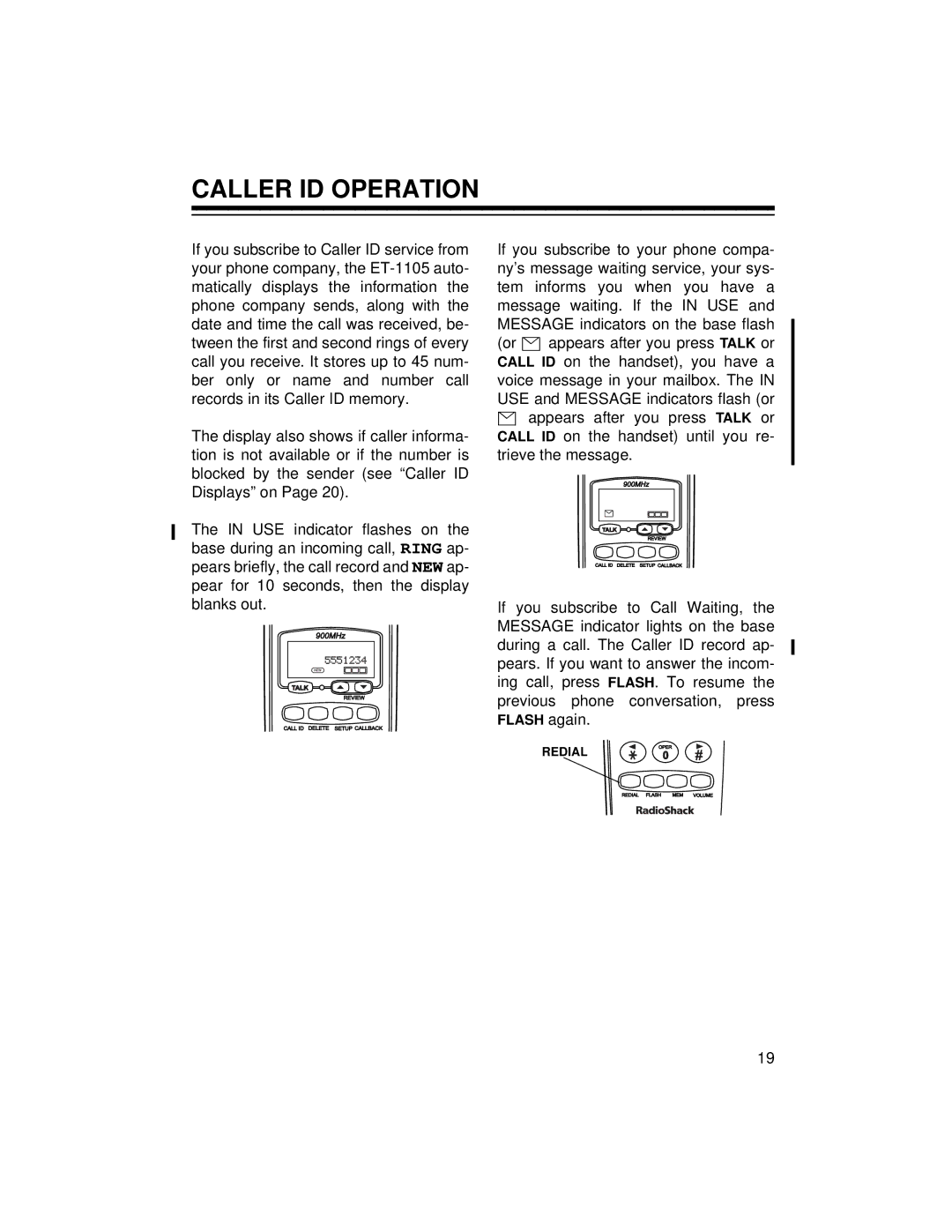 Radio Shack ET-1105 owner manual Caller ID Operation 