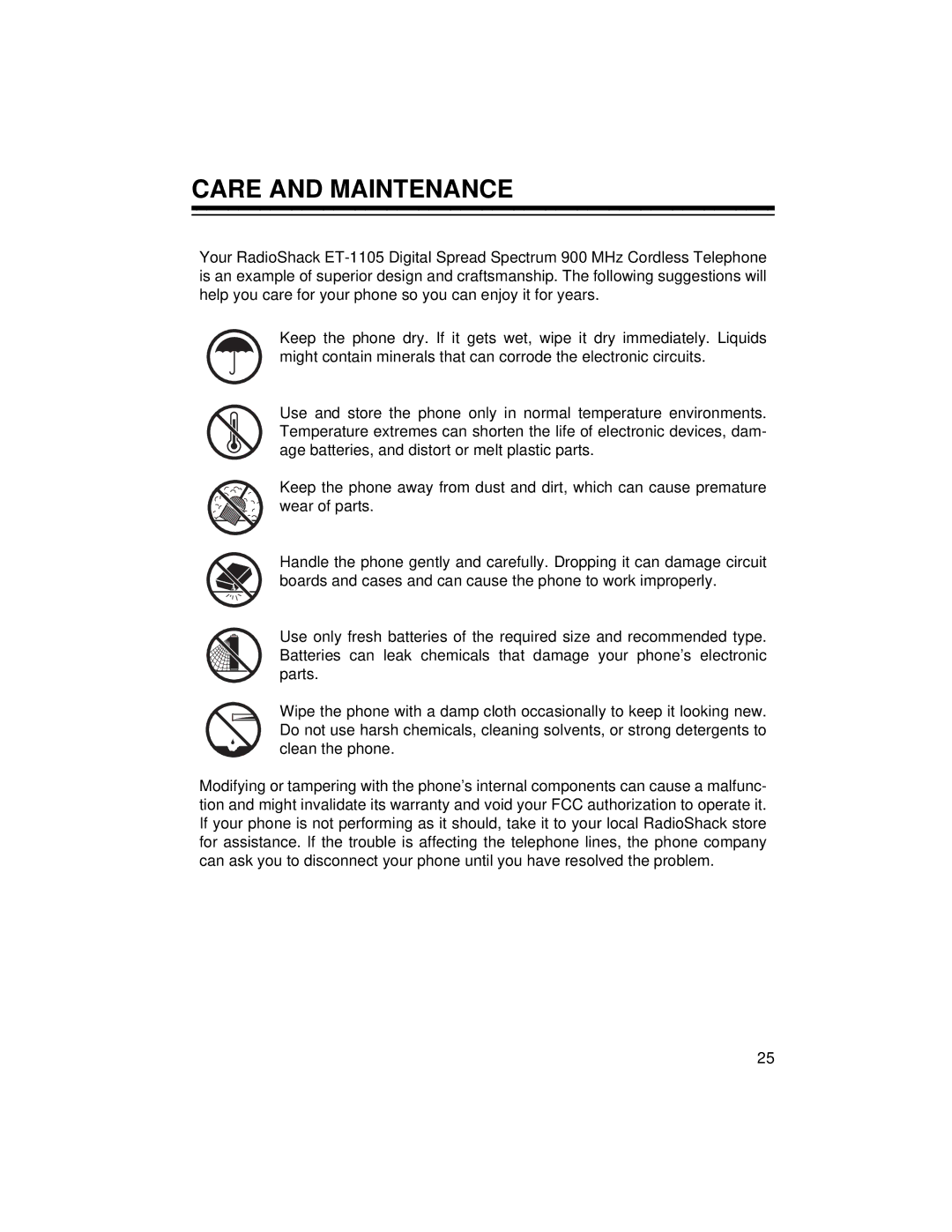 Radio Shack ET-1105 owner manual Care and Maintenance 