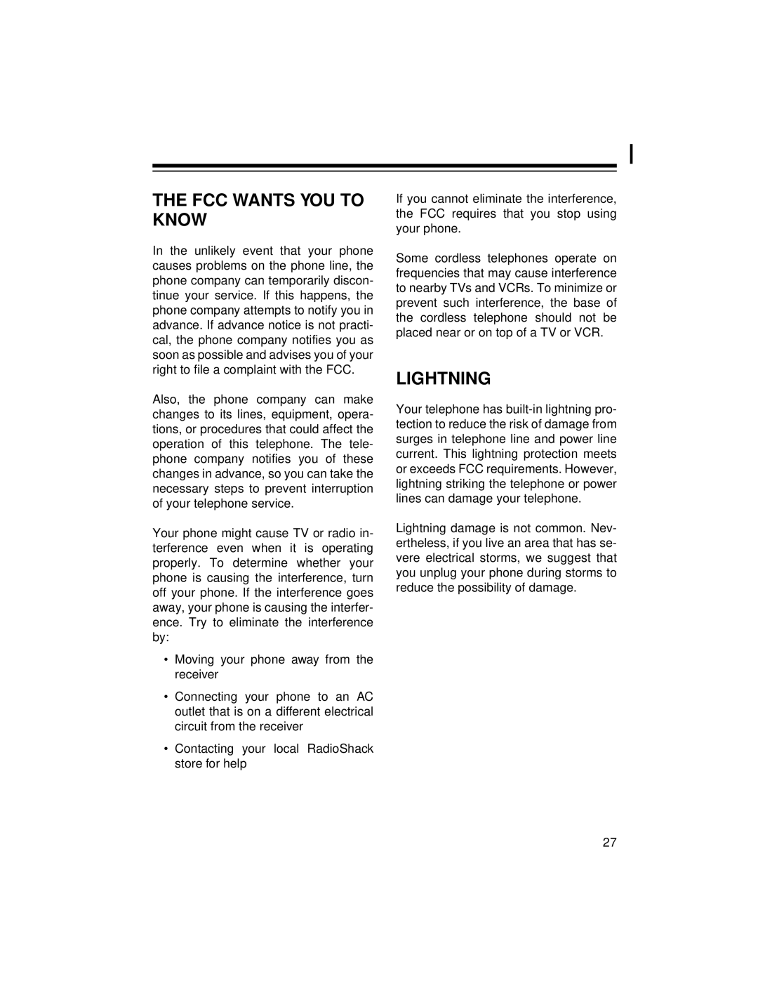 Radio Shack ET-1105 owner manual FCC Wants YOU to Know, Lightning 