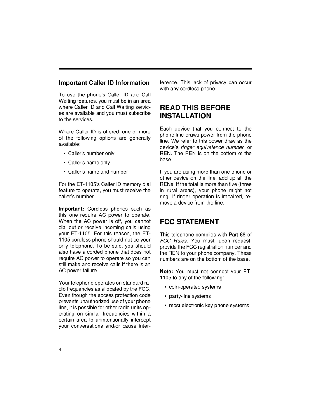 Radio Shack ET-1105 owner manual Read this Before Installation, FCC Statement, Important Caller ID Information 