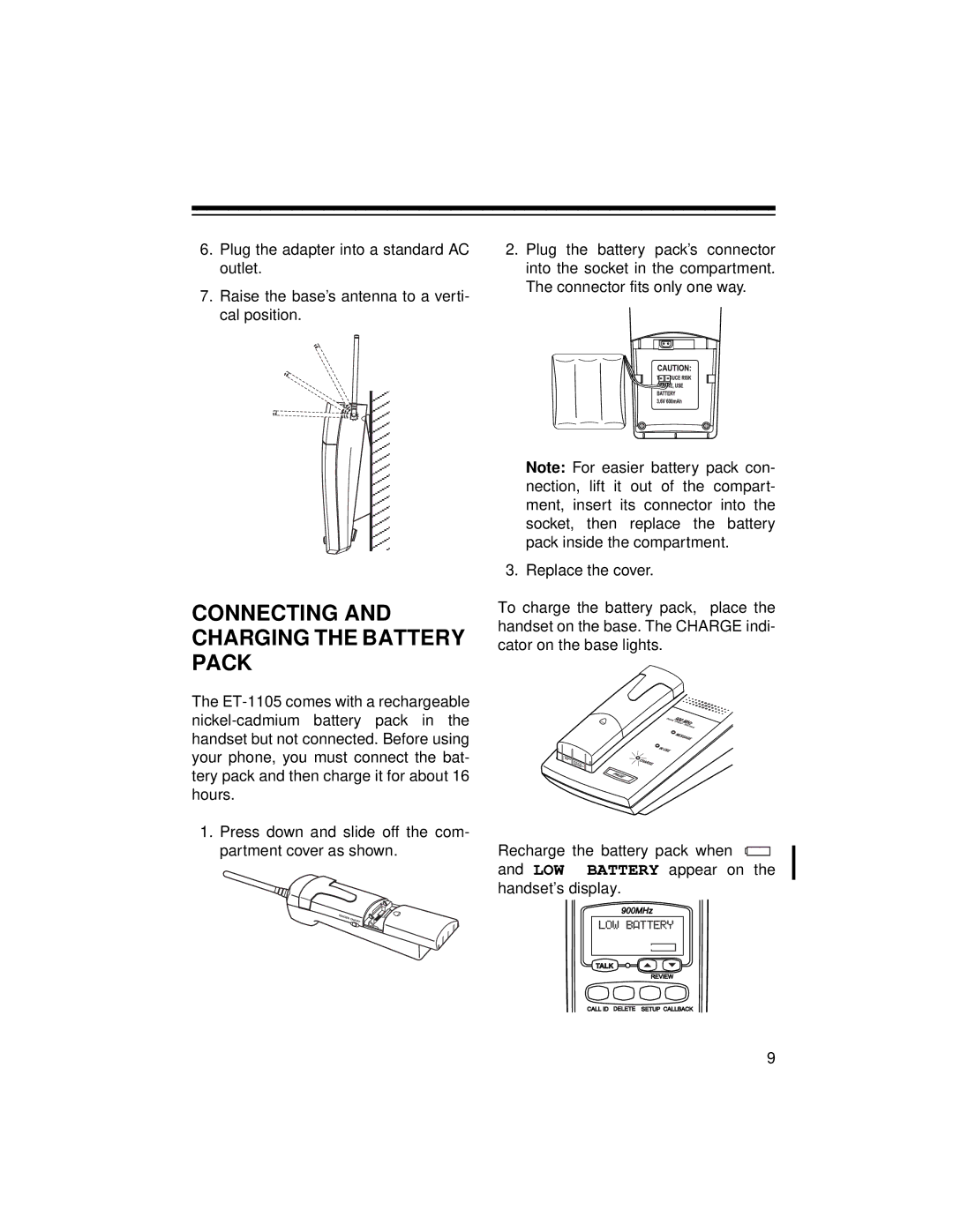 Radio Shack ET-1105 owner manual Connecting and Charging the Battery Pack 