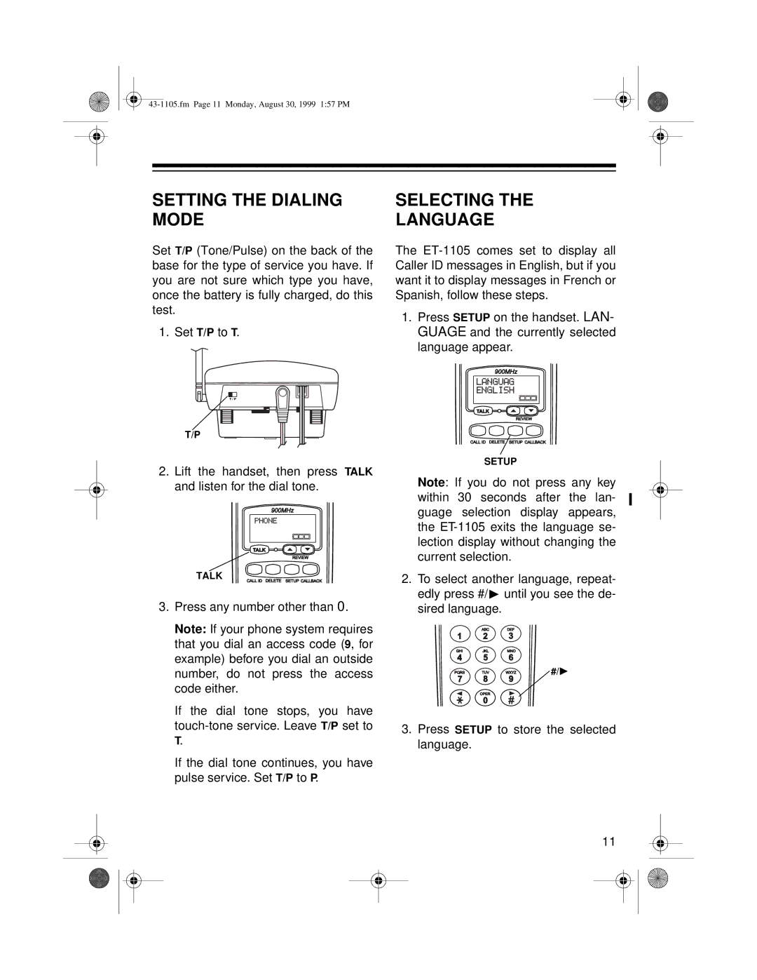 Radio Shack ET-1105 owner manual Setting the Dialing Mode, Selecting Language 