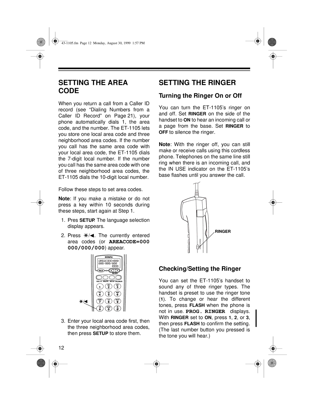 Radio Shack ET-1105 owner manual Setting the Area Code, Turning the Ringer On or Off, Checking/Setting the Ringer 