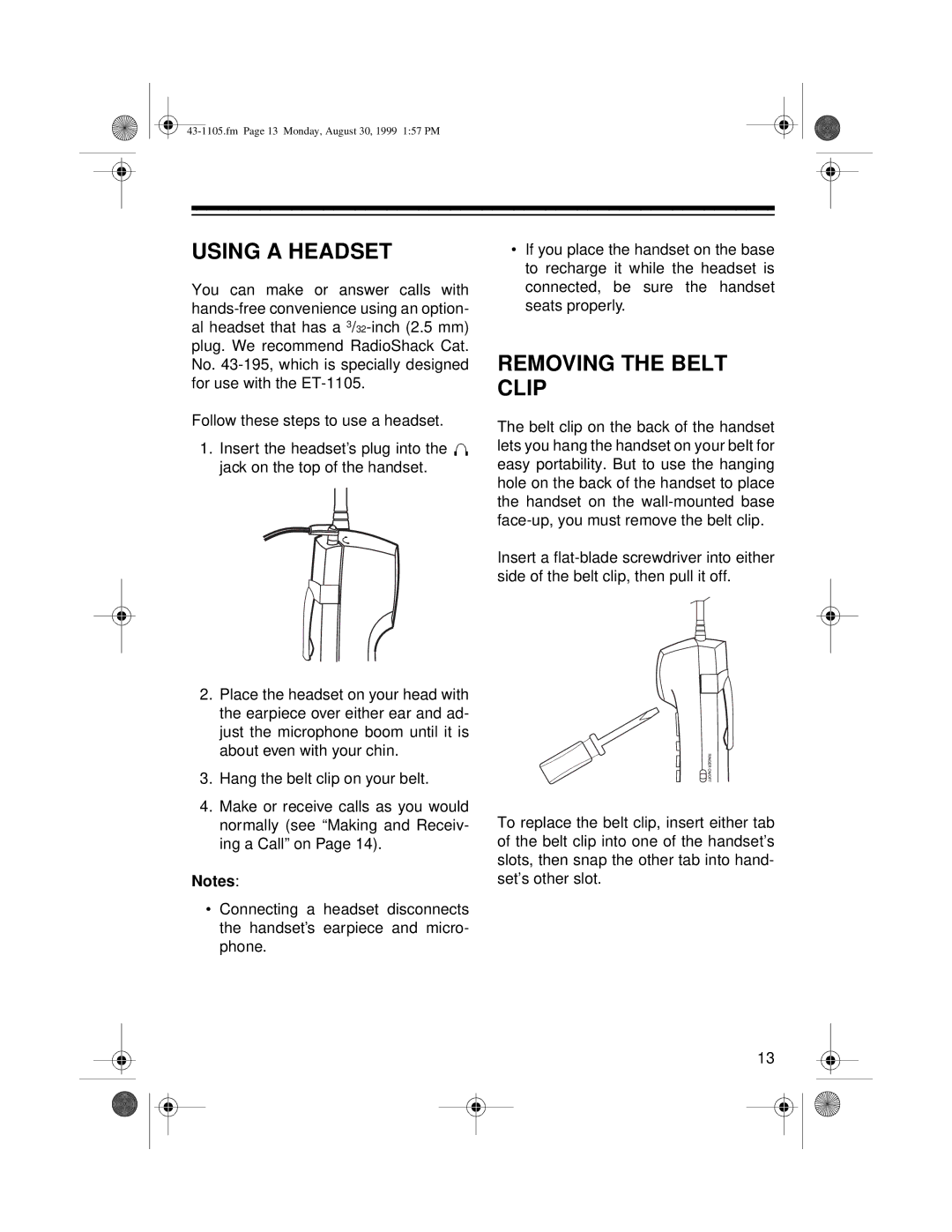 Radio Shack ET-1105 owner manual Using a Headset, Removing the Belt Clip 