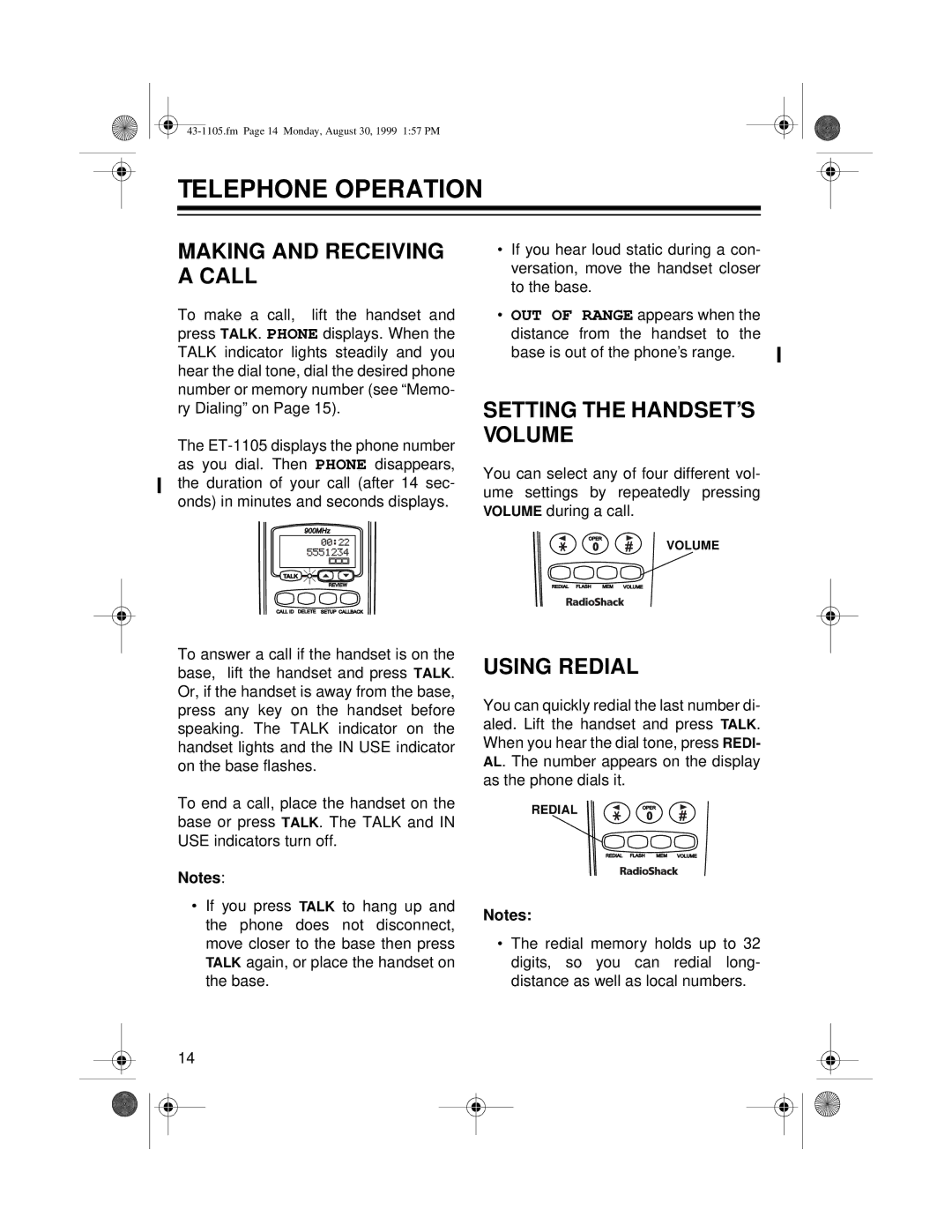 Radio Shack ET-1105 Telephone Operation, Making and Receiving a Call, Setting the HANDSET’S Volume, Using Redial 