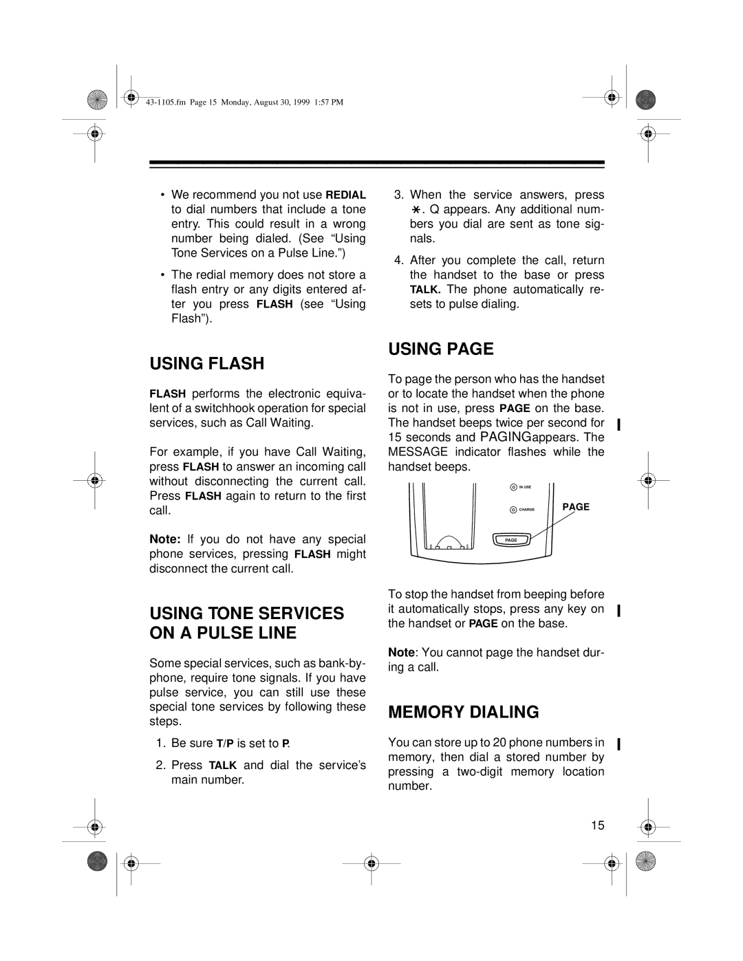 Radio Shack ET-1105 owner manual Using Flash, Memory Dialing 