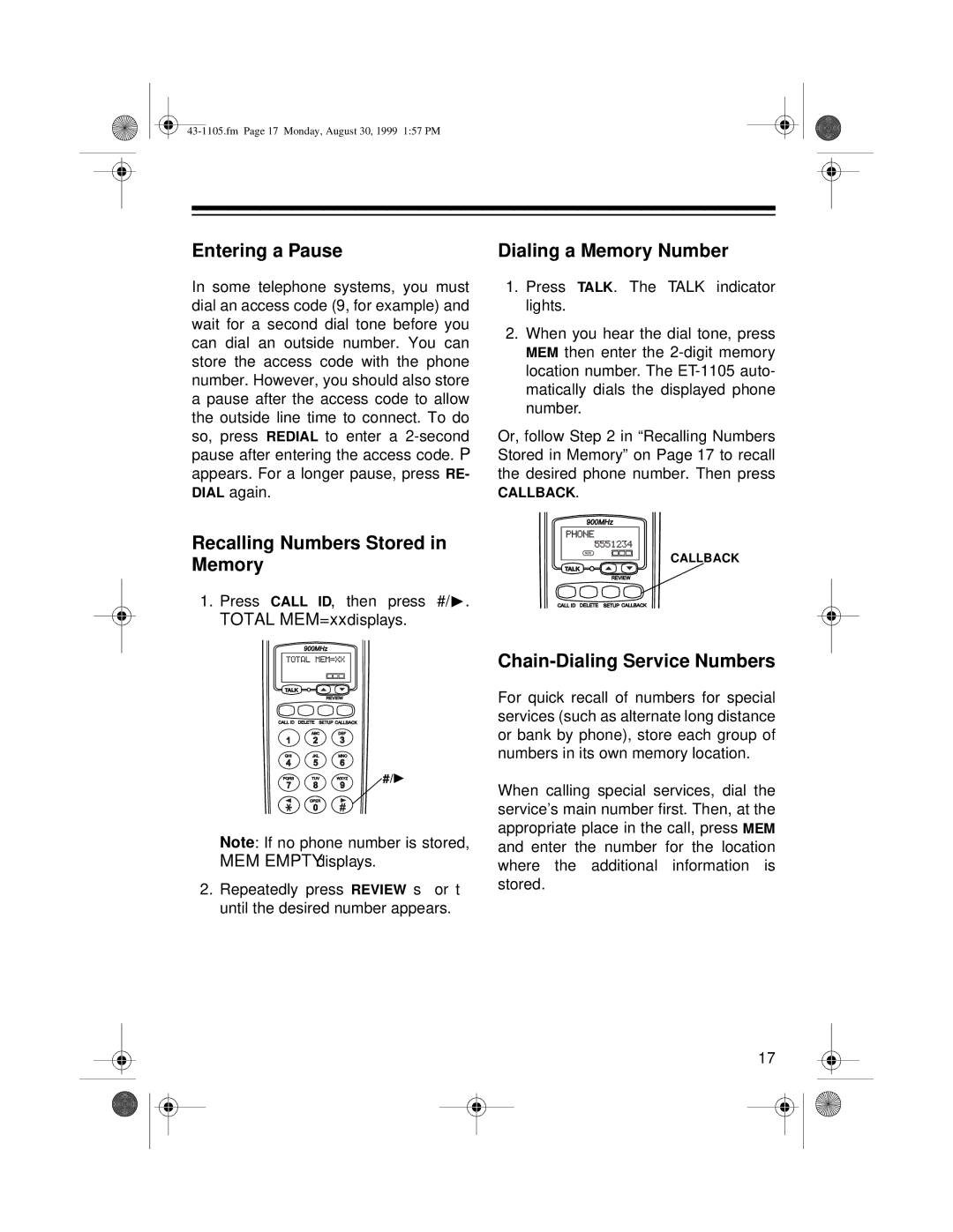 Radio Shack ET-1105 owner manual Entering a Pause, Recalling Numbers Stored in Memory, Dialing a Memory Number 