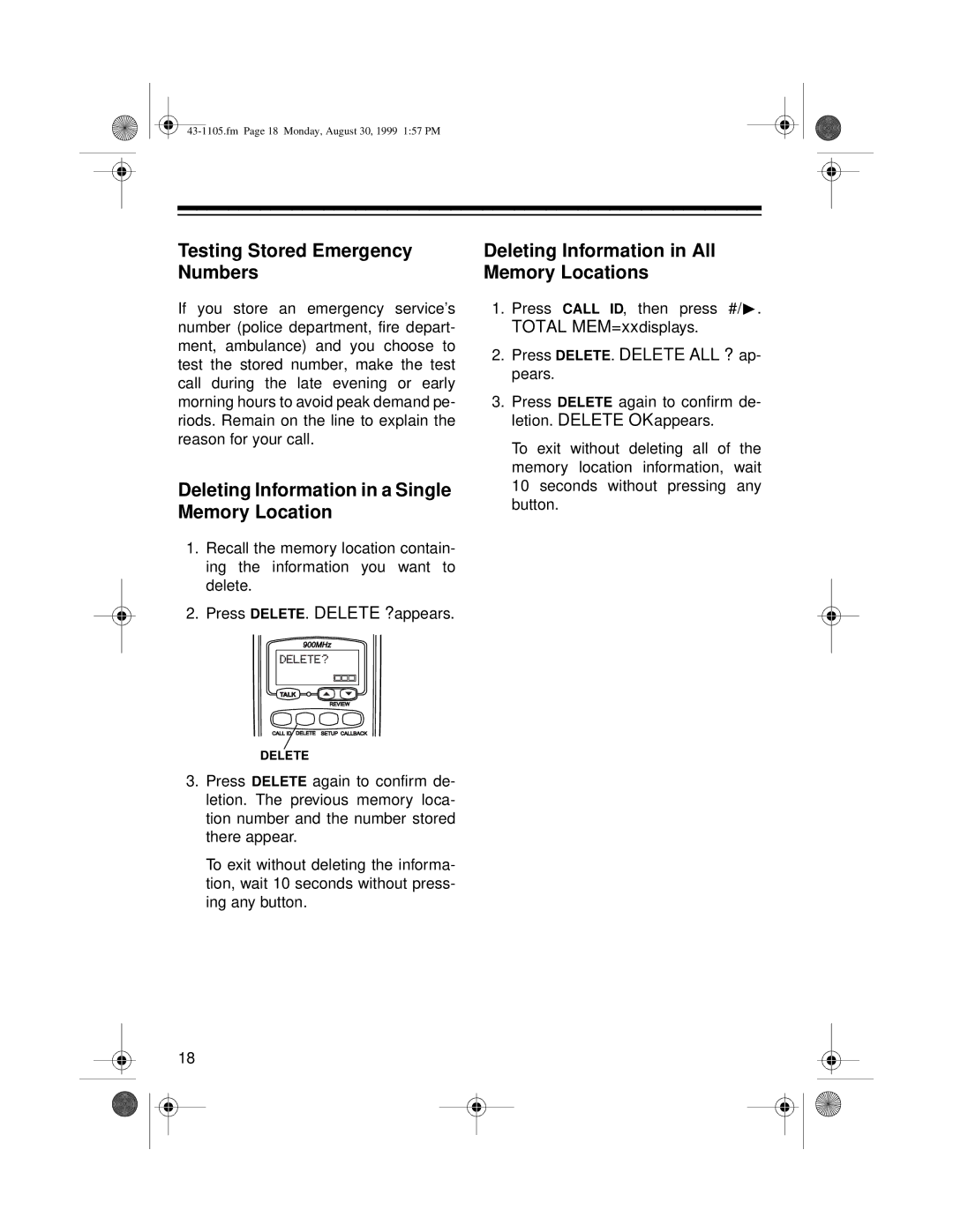 Radio Shack ET-1105 owner manual Testing Stored Emergency Numbers, Deleting Information in a Single Memory Location 