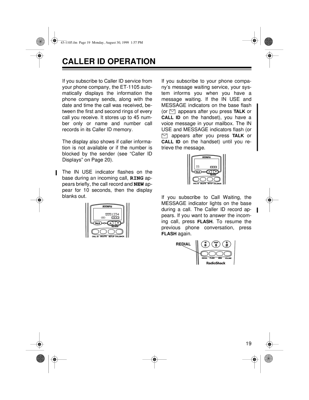 Radio Shack ET-1105 owner manual Caller ID Operation 