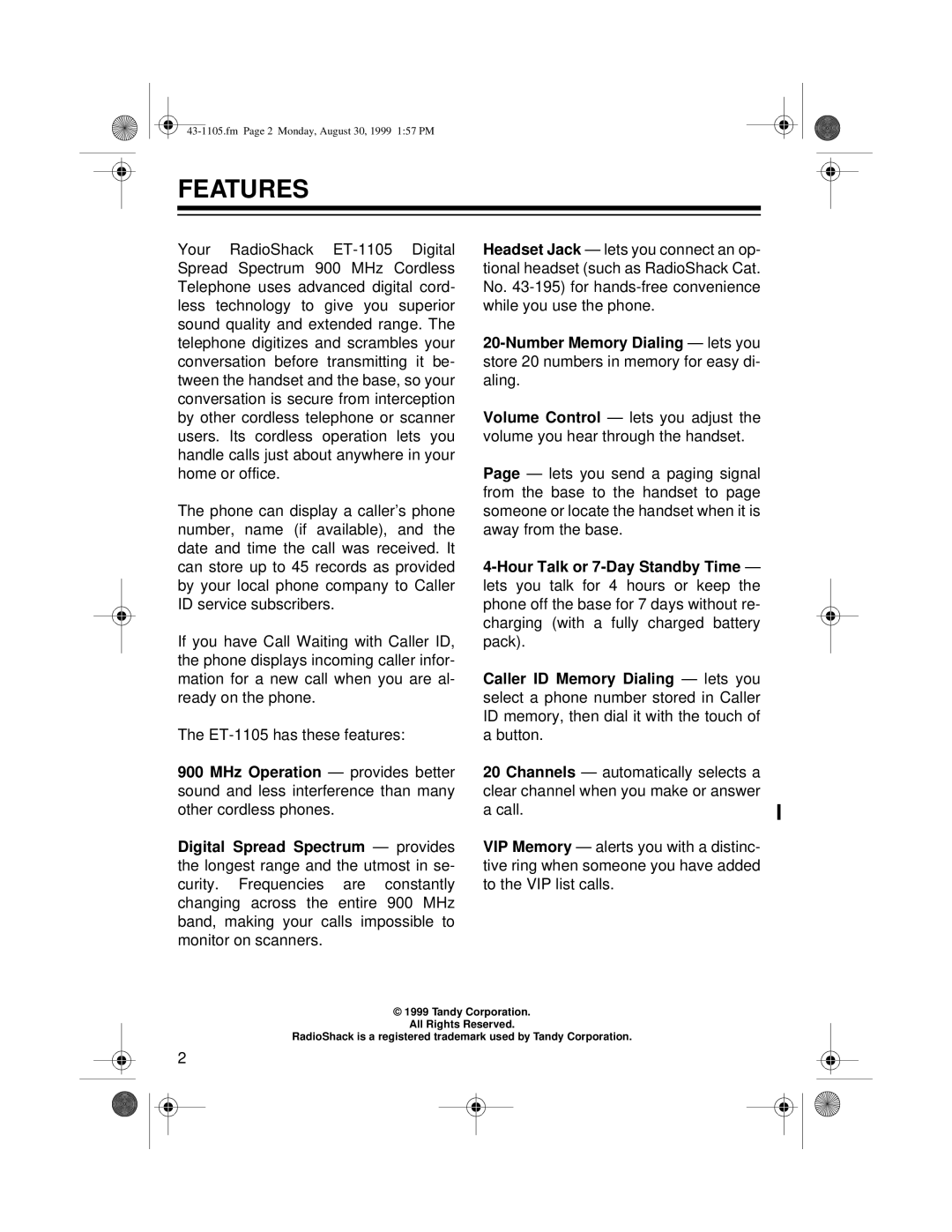 Radio Shack ET-1105 owner manual Features 