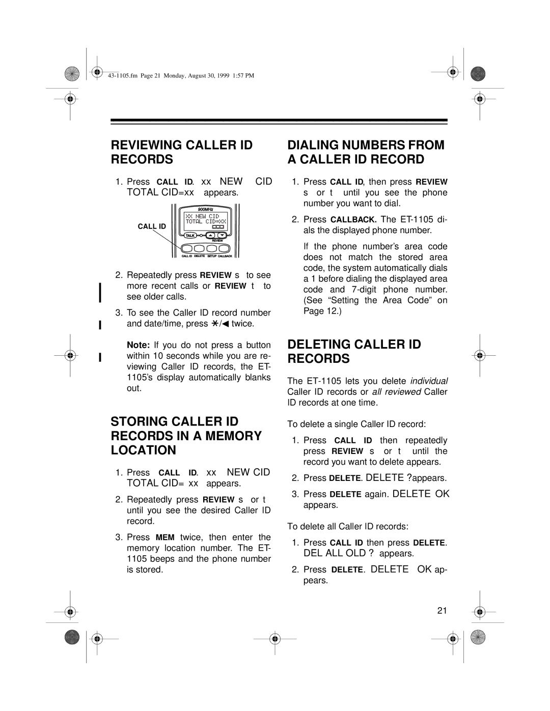 Radio Shack ET-1105 owner manual Reviewing Caller ID Records, Storing Caller ID Records in a Memory Location 