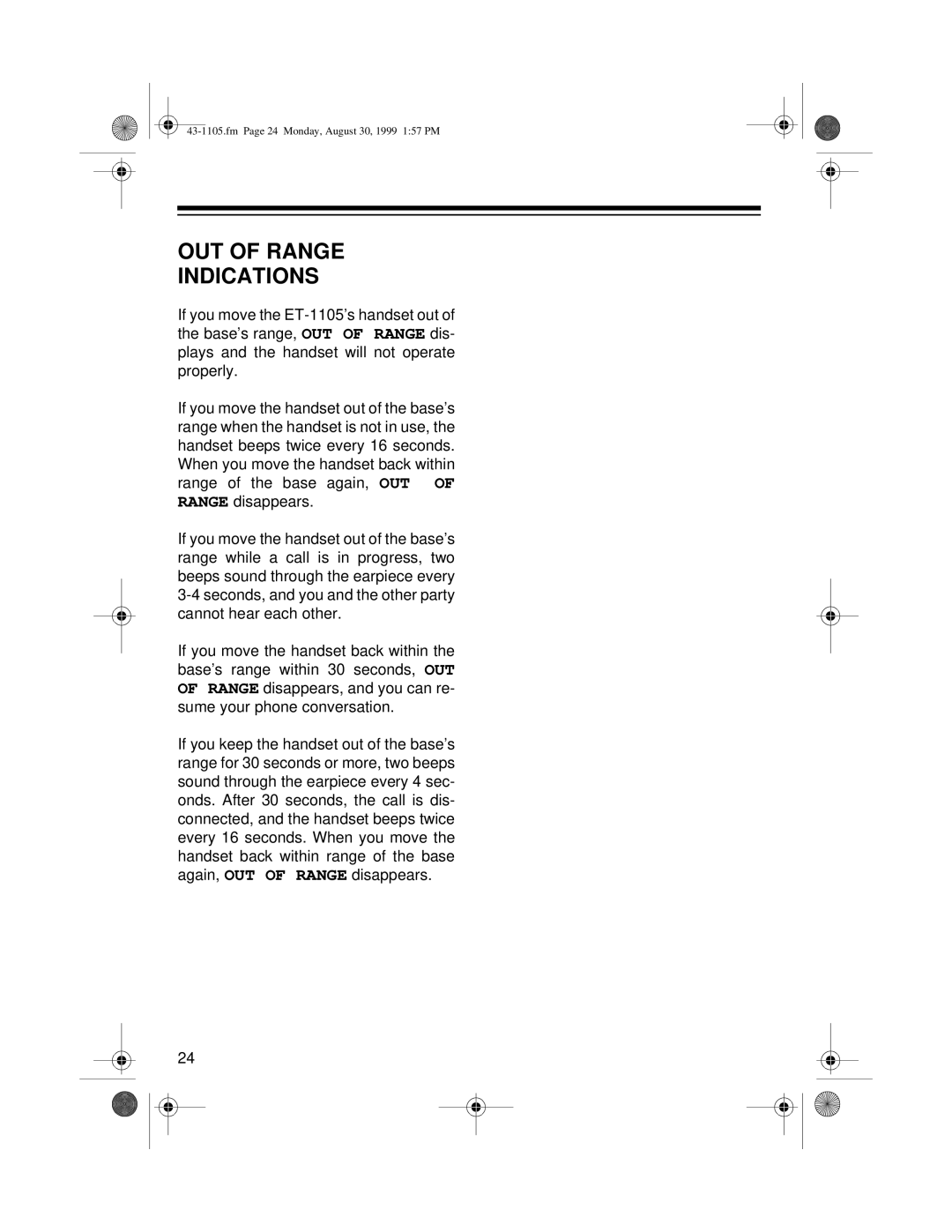 Radio Shack ET-1105 owner manual OUT of Range Indications 