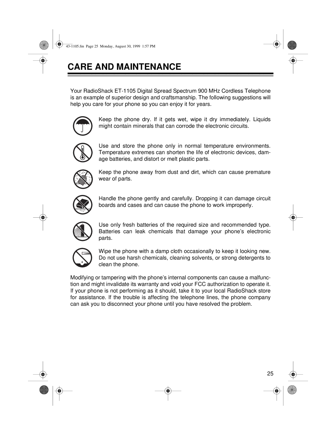 Radio Shack ET-1105 owner manual Care and Maintenance 