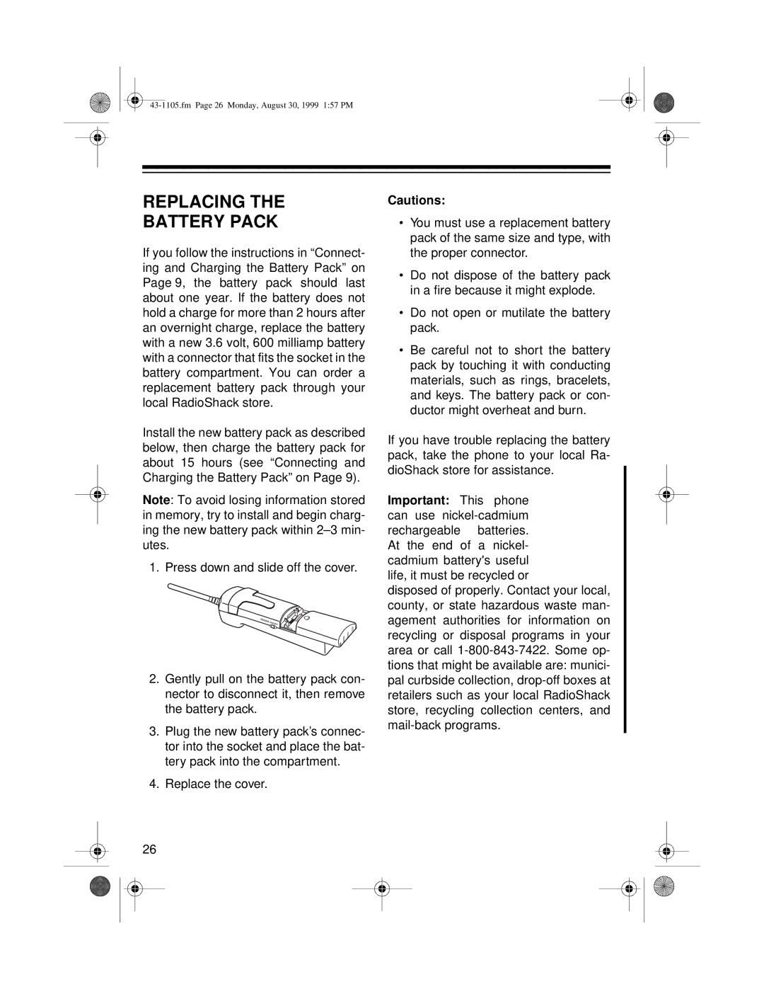 Radio Shack ET-1105 owner manual Replacing Battery Pack, Important This 