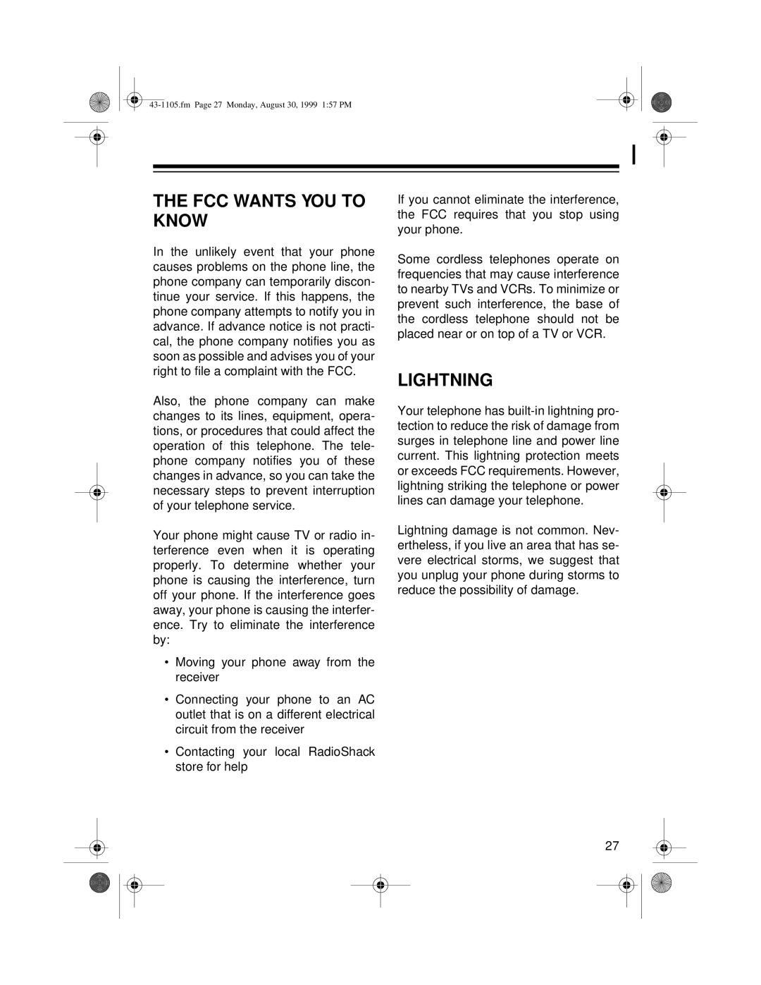 Radio Shack ET-1105 owner manual FCC Wants YOU to Know, Lightning 