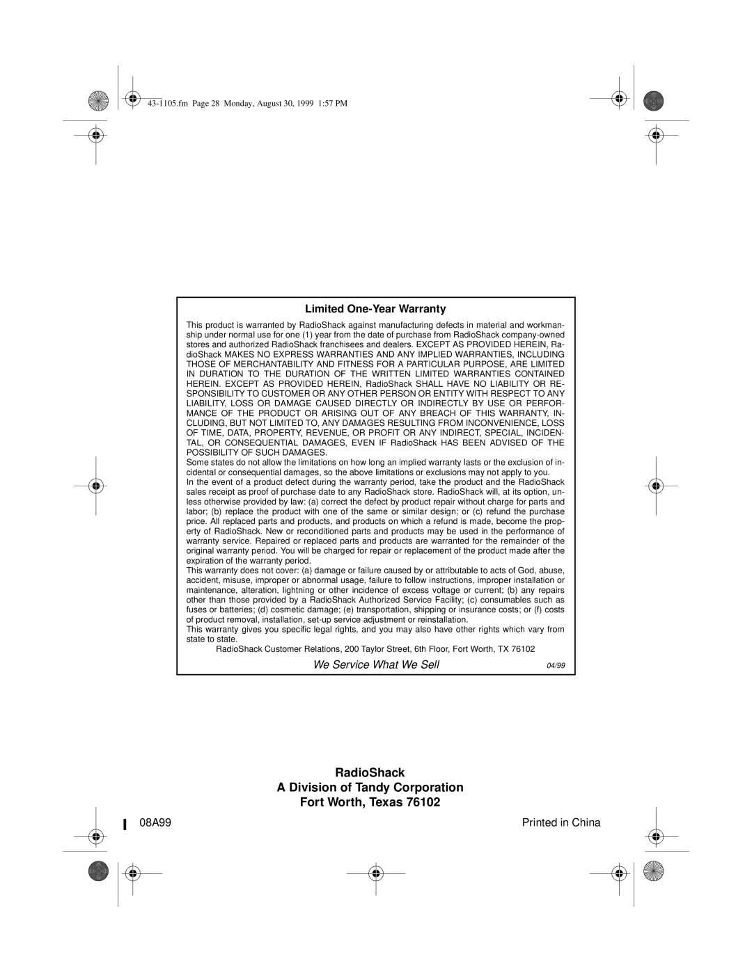 Radio Shack ET-1105 owner manual RadioShack Division of Tandy Corporation Fort Worth, Texas 