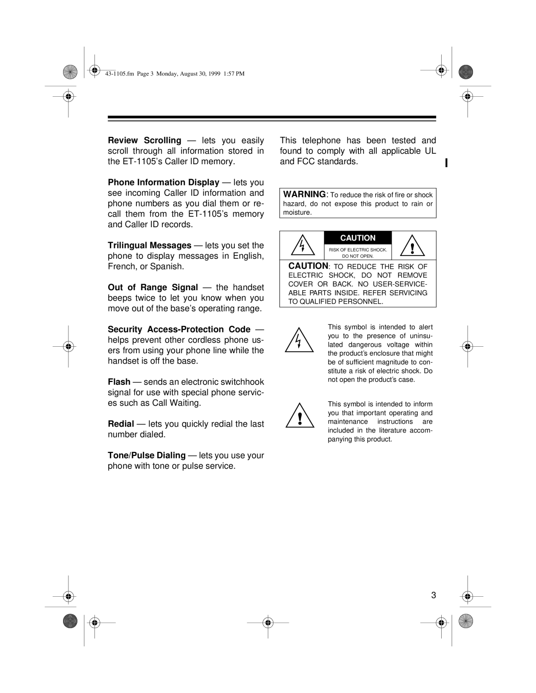 Radio Shack ET-1105 owner manual Fm Page 3 Monday, August 30, 1999 157 PM 