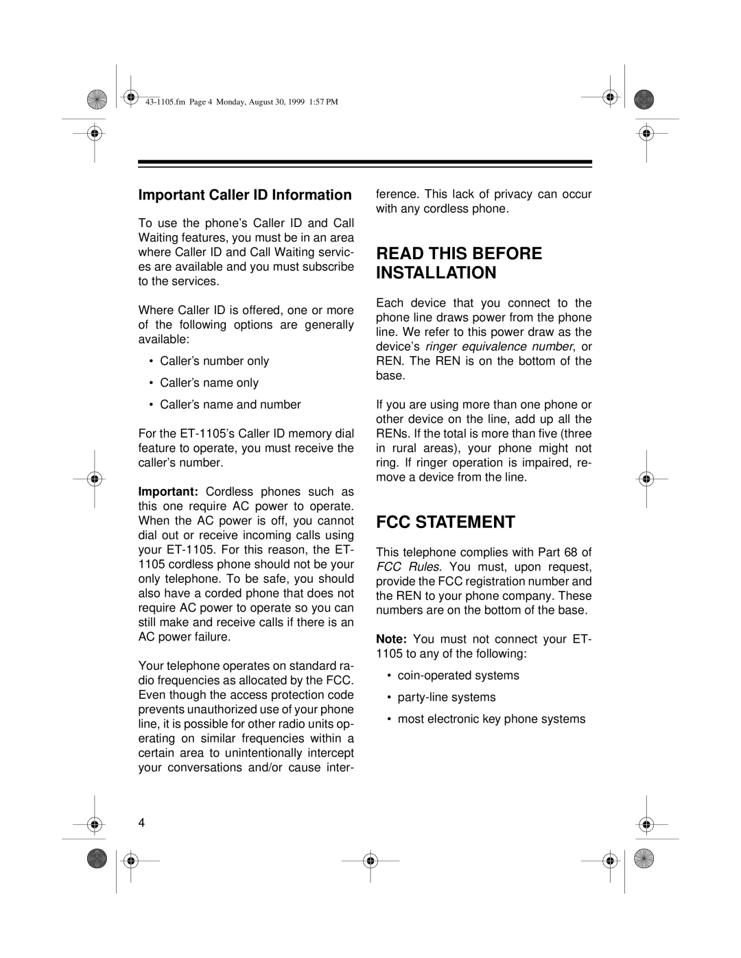 Radio Shack ET-1105 owner manual Read this Before Installation, FCC Statement, Important Caller ID Information 