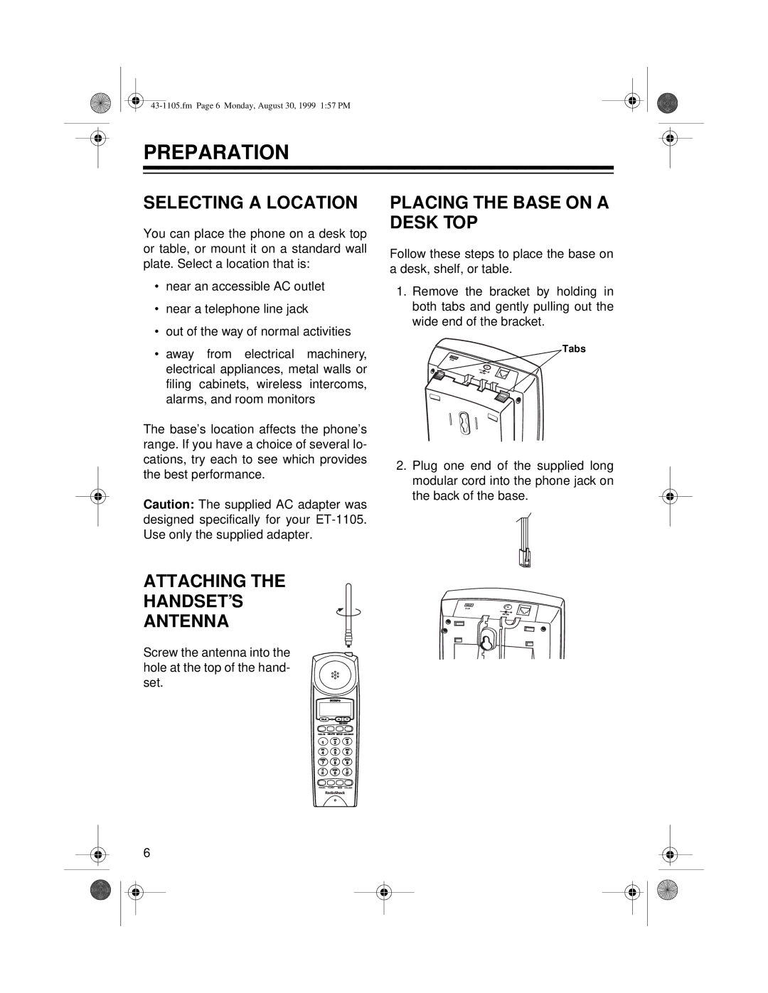 Radio Shack ET-1105 Preparation, Selecting a Location, Placing the Base on a Desk TOP, Attaching the HANDSET’S Antenna 