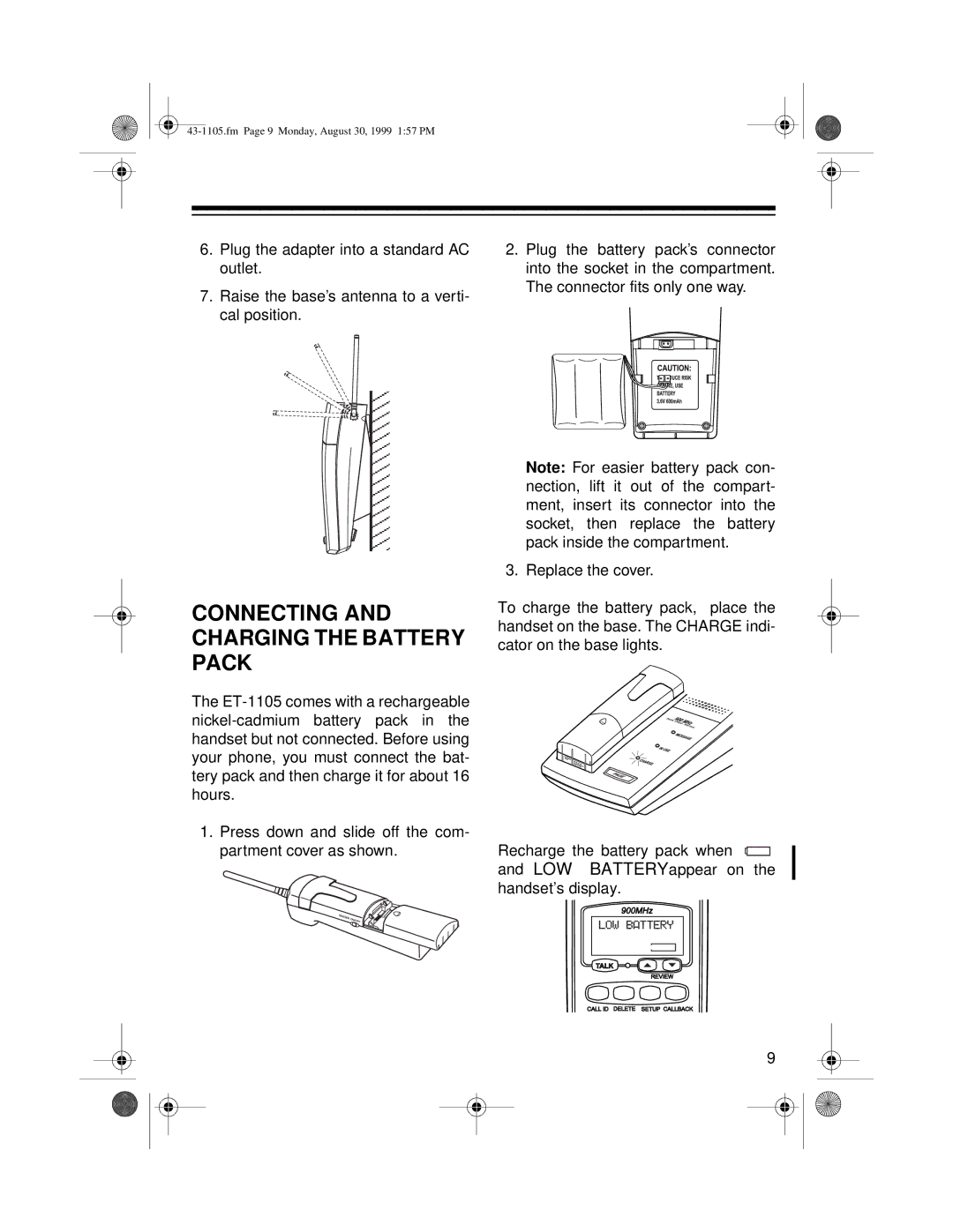 Radio Shack ET-1105 owner manual Connecting and Charging the Battery Pack 