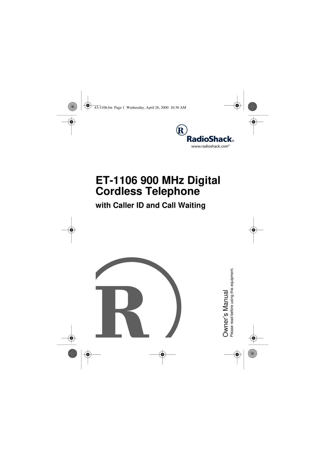 Radio Shack owner manual ET-1106 900 MHz Digital Cordless Telephone 