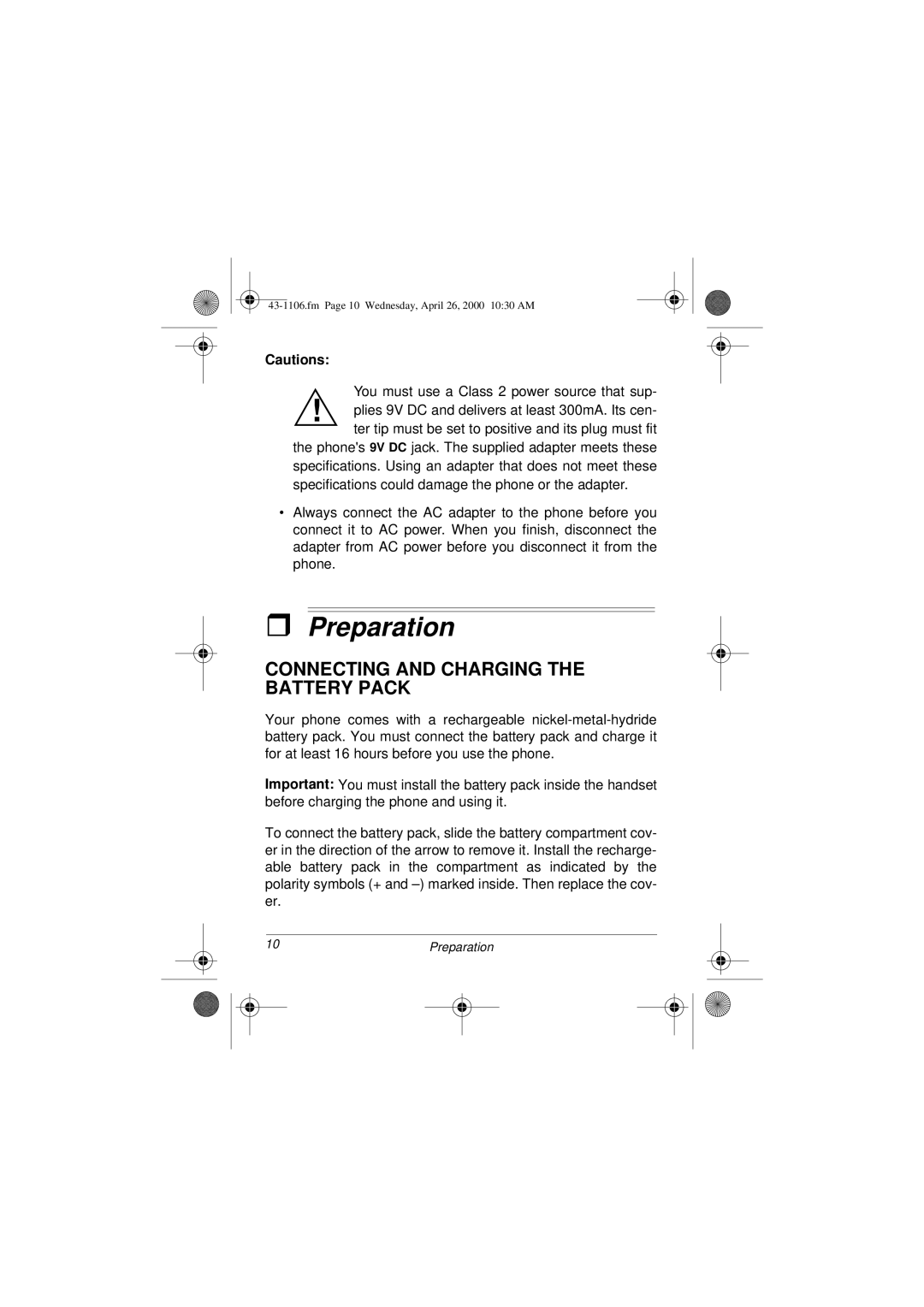 Radio Shack ET-1106 owner manual Preparation, Connecting and Charging the Battery Pack 