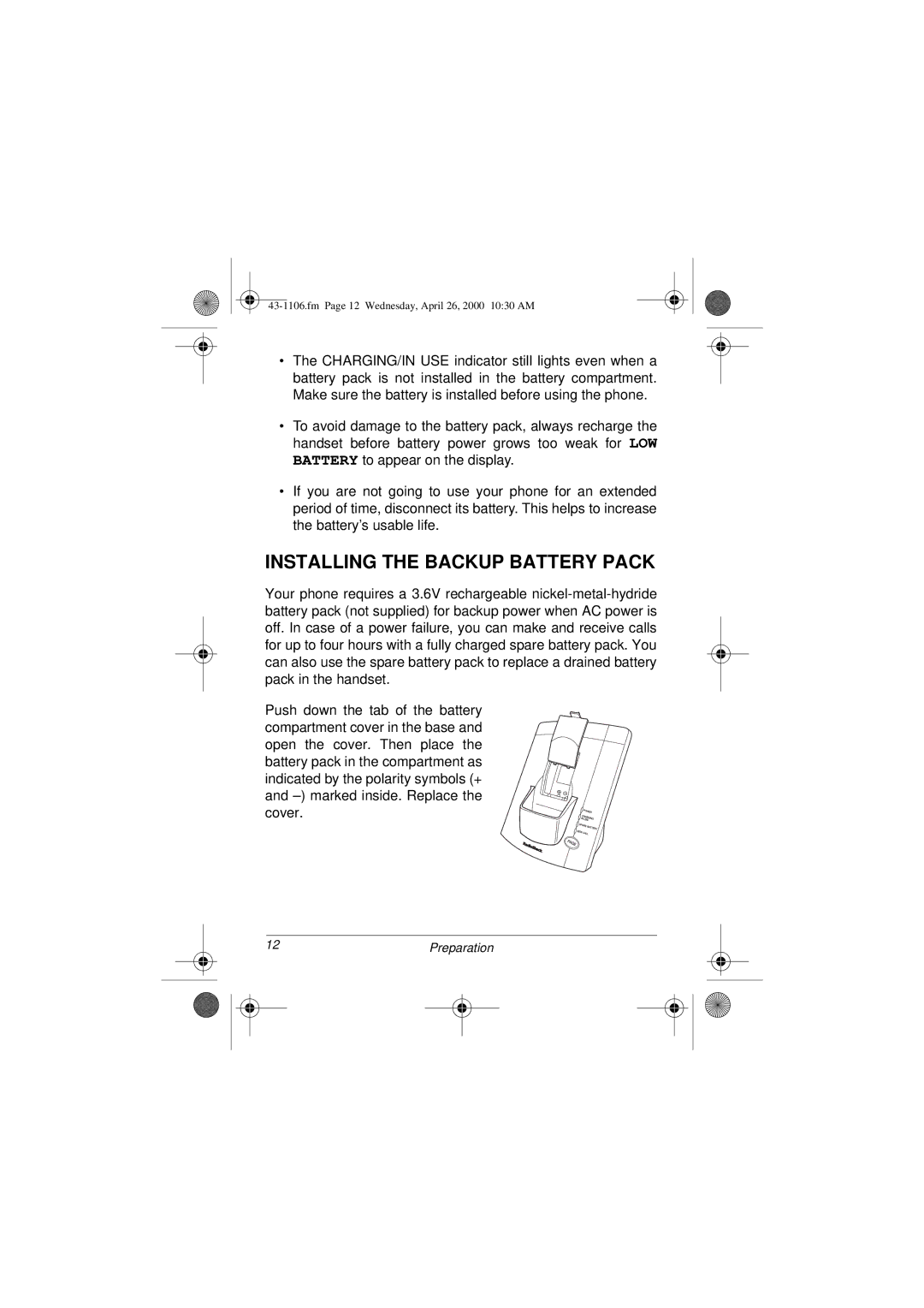 Radio Shack ET-1106 owner manual Installing the Backup Battery Pack 