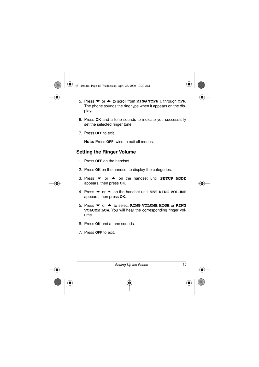 Radio Shack ET-1106 owner manual Setting the Ringer Volume 