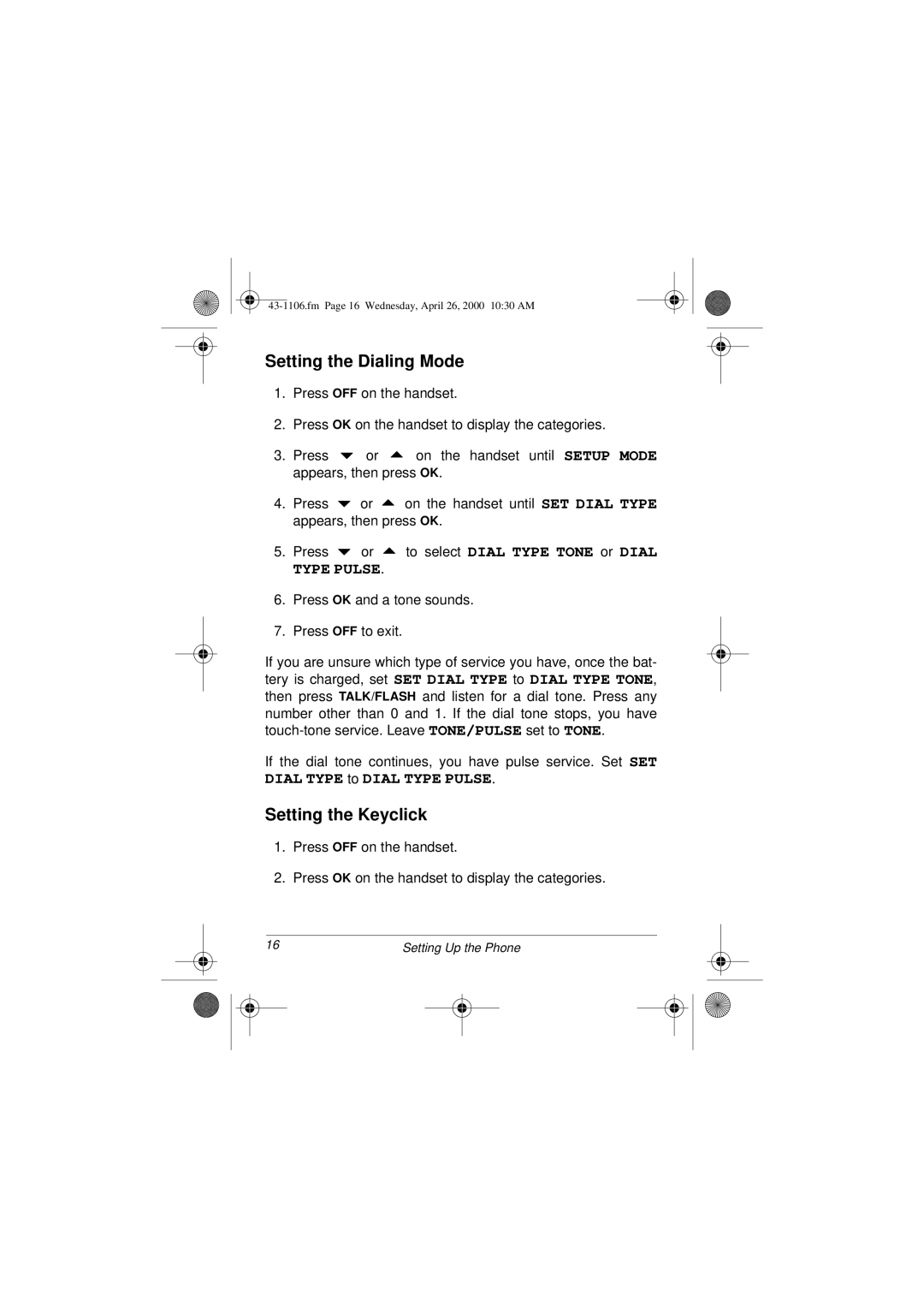 Radio Shack ET-1106 owner manual Setting the Dialing Mode, Setting the Keyclick 