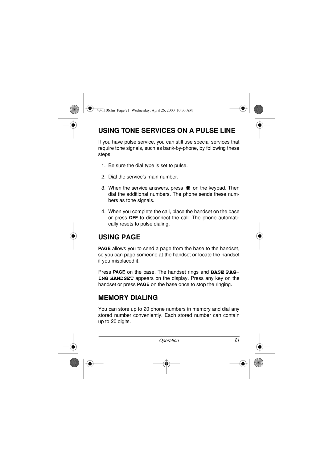 Radio Shack ET-1106 owner manual Using Tone Services on a Pulse Line, Memory Dialing 